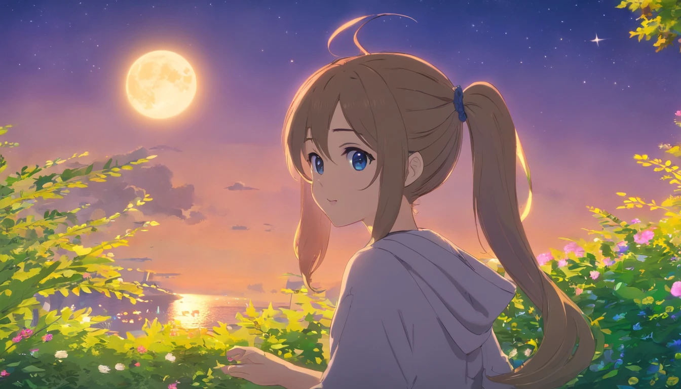 Best quality at best，tmasterpiece，The is very detailed，Face details，8K, detailed back ground，1girll，独奏，Silver hair，eBlue eyes，pigtails，long whitr hair，wavey hair，voluminous hair，pony tails，french braid，Blushlush，ssmile，Shawl，Chinese city，Chinese service，the night，themoon，scenecy，high place，horizon，ventania，wind blown，flowerbed，looking at viewert