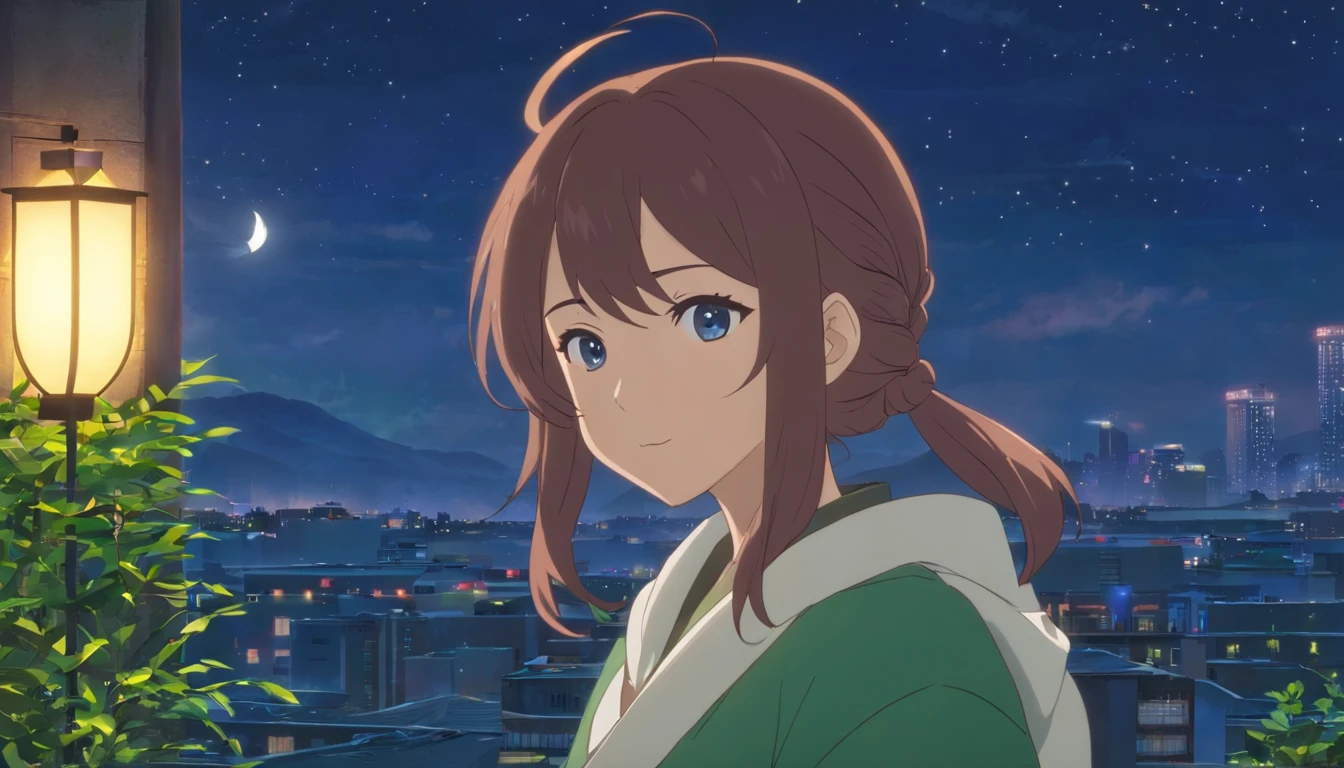 Best quality at best,tmasterpiece,The is very detailed,Face details,8K, detailed back ground,1girll,独奏,Silver hair,eBlue eyes,pigtails,long whitr hair,wavey hair,voluminous hair,pony tails,french braid,Blushlush,ssmile,Shawl,Chinese city,Chinese service,the night,themoon,scenecy,high place,horizon,ventania,wind blown,flowerbed,looking at viewert
