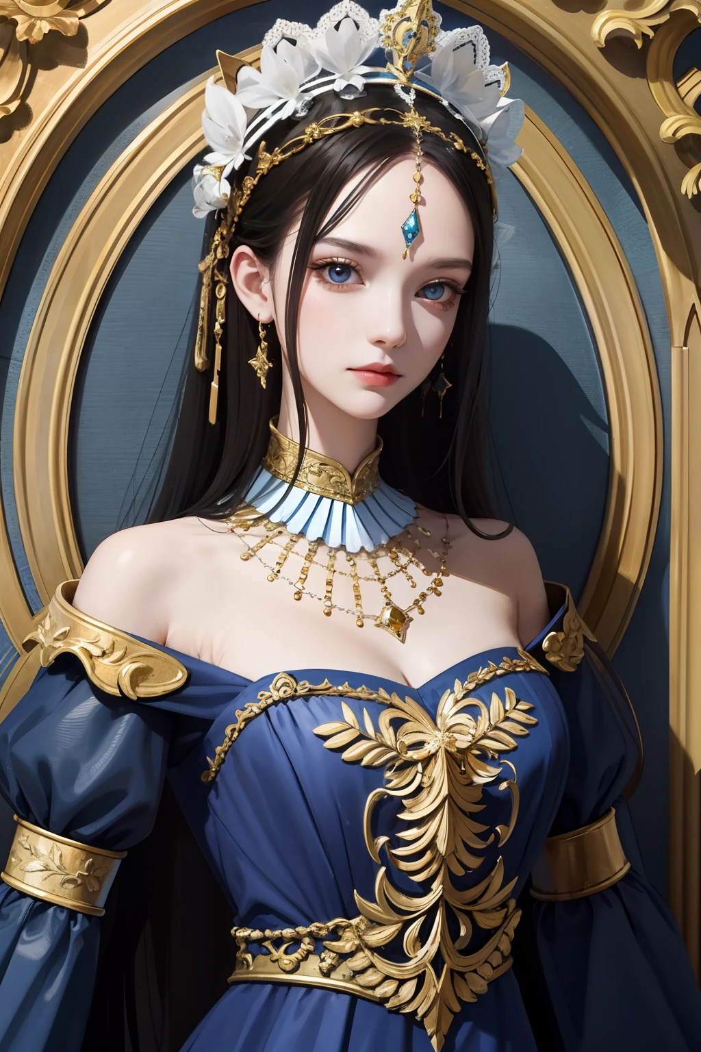 (absurderes, A high resolution, Ultra detailed), 1girll, Solo, mature, baroque, Long dress, longer sleeves, elegant, Colorful, highest details, Upper body, masterpiec, Majestic, Calm face, The head is slightly tilted, Colorful eyes, Long hair