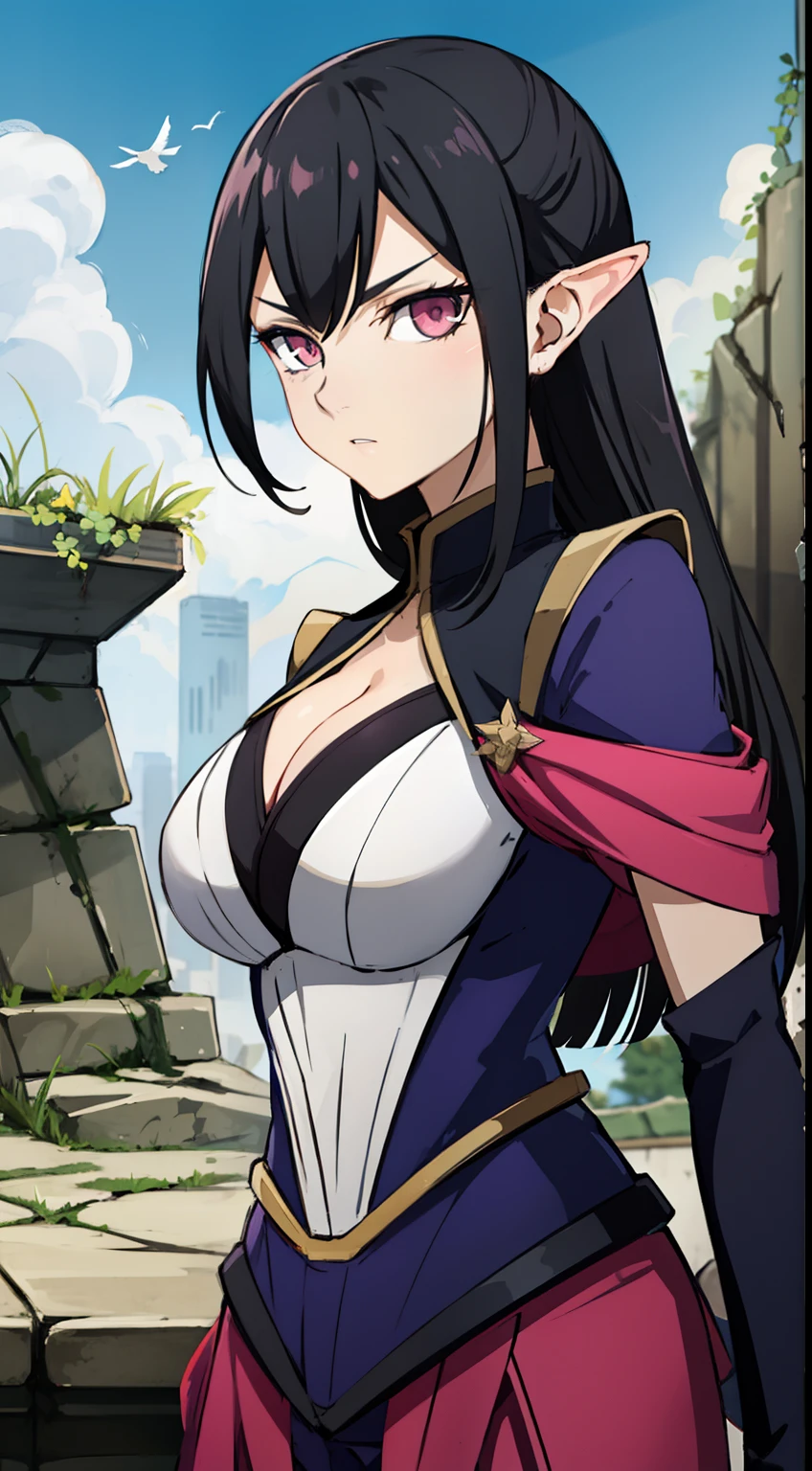 masterpiece, best quality,Gloria Tyler, black hair, pink eyes,elve ear, serious, long hair, large breasts,ninja outfit, (ruins), looking at viewer,