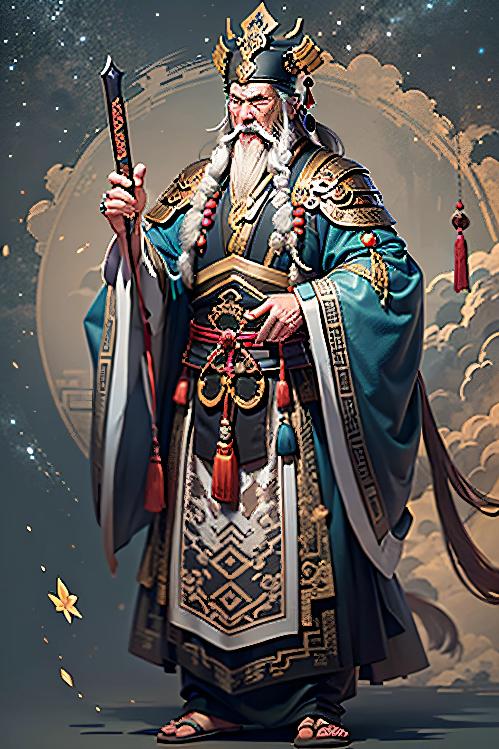 Ancient Chinese，male people，70 years old，Long beard，Taoist clothing，Taoist immortals，Tongtian Sect Lord，Full body like，Feng Shen List,(Best quality:1.3),超A high resolution,(Realistic, Photorealsitic:1.4), Background,(dynamicposes:1.2), Vivid costumes、salama、thunderclap、Sateen、Chinese long sword，Starry sky background，Feet on the clouds