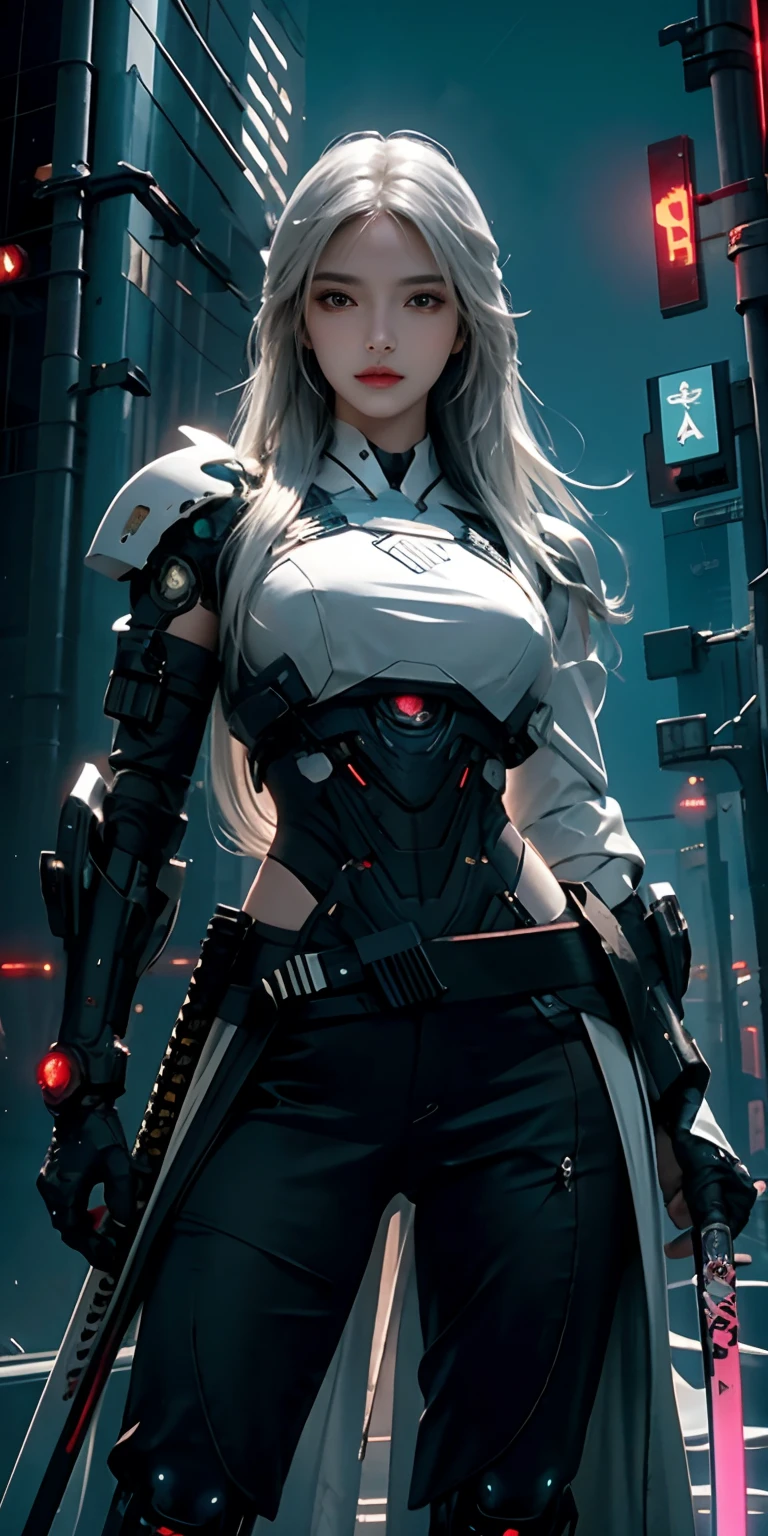 photorealistic, high resolution, soft light,1women, solo, hips up, (detailed face), white long hair, cybersamurai, cyborg, cyberpunk,  cyber armor, holding weapon,glowing,katana, city at night