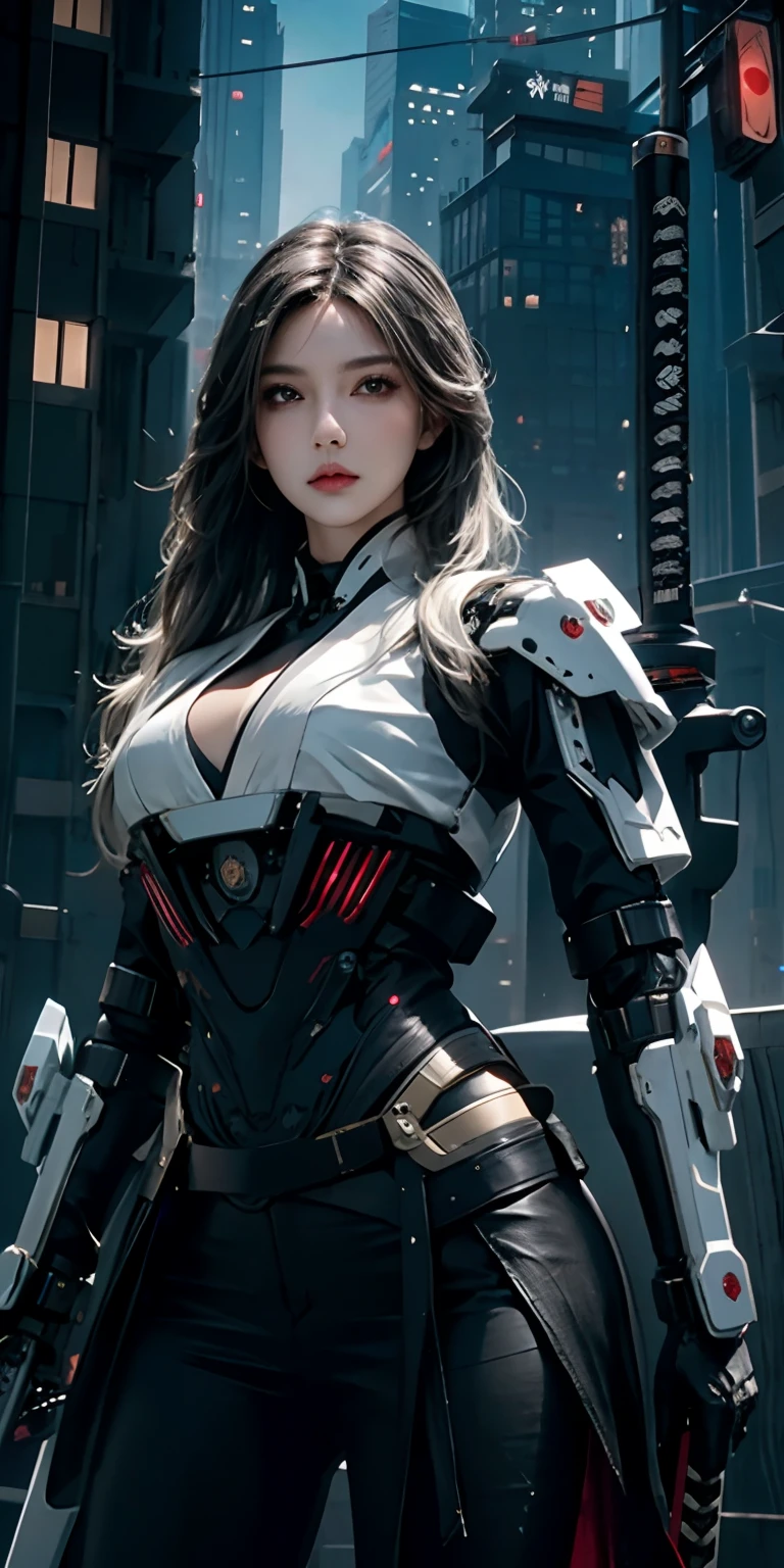 photorealistic, high resolution, soft light,1women, solo, hips up, (detailed face), white long hair, cybersamurai, cyborg, cyberpunk,  cyber armor, holding weapon,glowing,katana, city at night