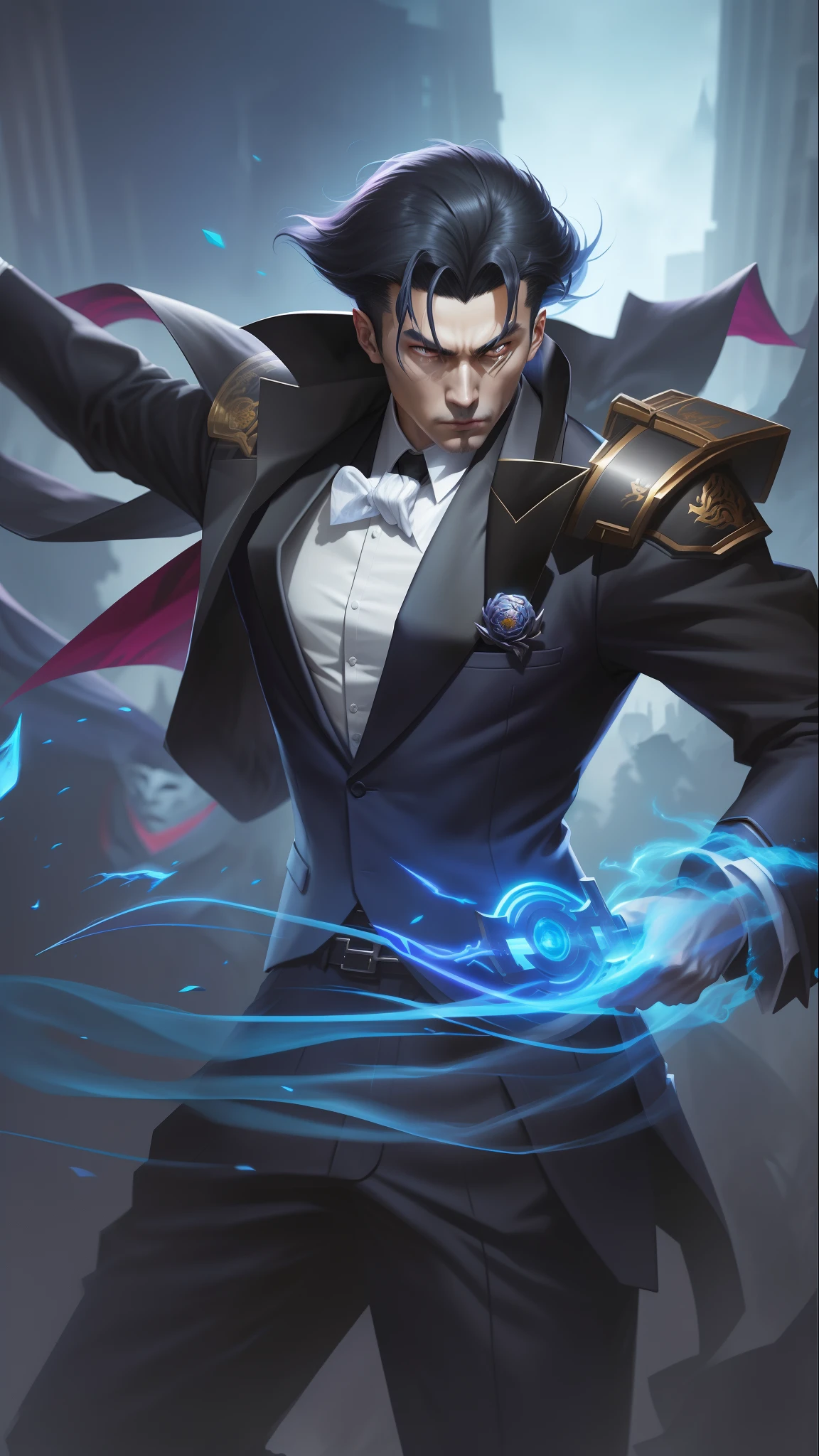 a close up of a person in a suit and tie holding a sword, a portrait inspired by Huang Shen, trending on cg society, neo-figurative, heise jinyao, official splash art, male vampire of clan banu haqim, kda, splash art, range murata and artgerm, album art, iconic character splash art, character splash art