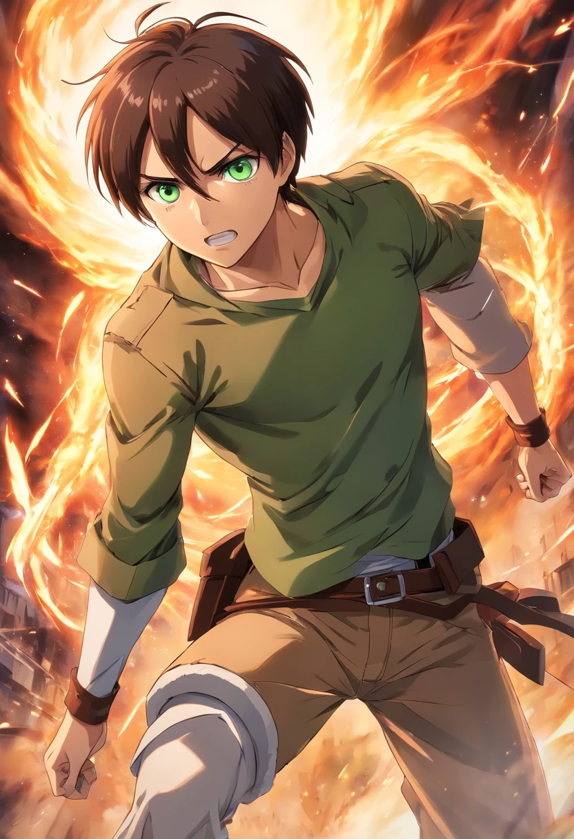 "Generate a digital illustration of Eren Yeager from the Attack on Titan series, showcasing his transformation and evolution throughout the story. Start with his appearance as a young and determined Survey Corps member, wearing the iconic Survey Corps uniform and wielding the vertical maneuvering equipment. Illustrate his intense and determined expression, highlighting his unwavering resolve to fight against the Titans. Then, transition to his later form, emphasizing his Titan shifter abilities and the changes in his physical appearance. Show Eren's colossal and powerful Titan form with intricately designed details, such as his glowing green eyes and the steam emanating from his body. Incorporate dynamic action into the illustration, with Eren using his Titan powers in a battle against other Titans or in a pivotal moment from the series. Capture the complex emotions and character development Eren undergoes, from his initial desire for freedom to the challenges and moral dilemmas he faces as the story progresses. Ultimately, convey the duality of his character, as both a hero and a formidable force of destruction in the Attack on Titan universe."
