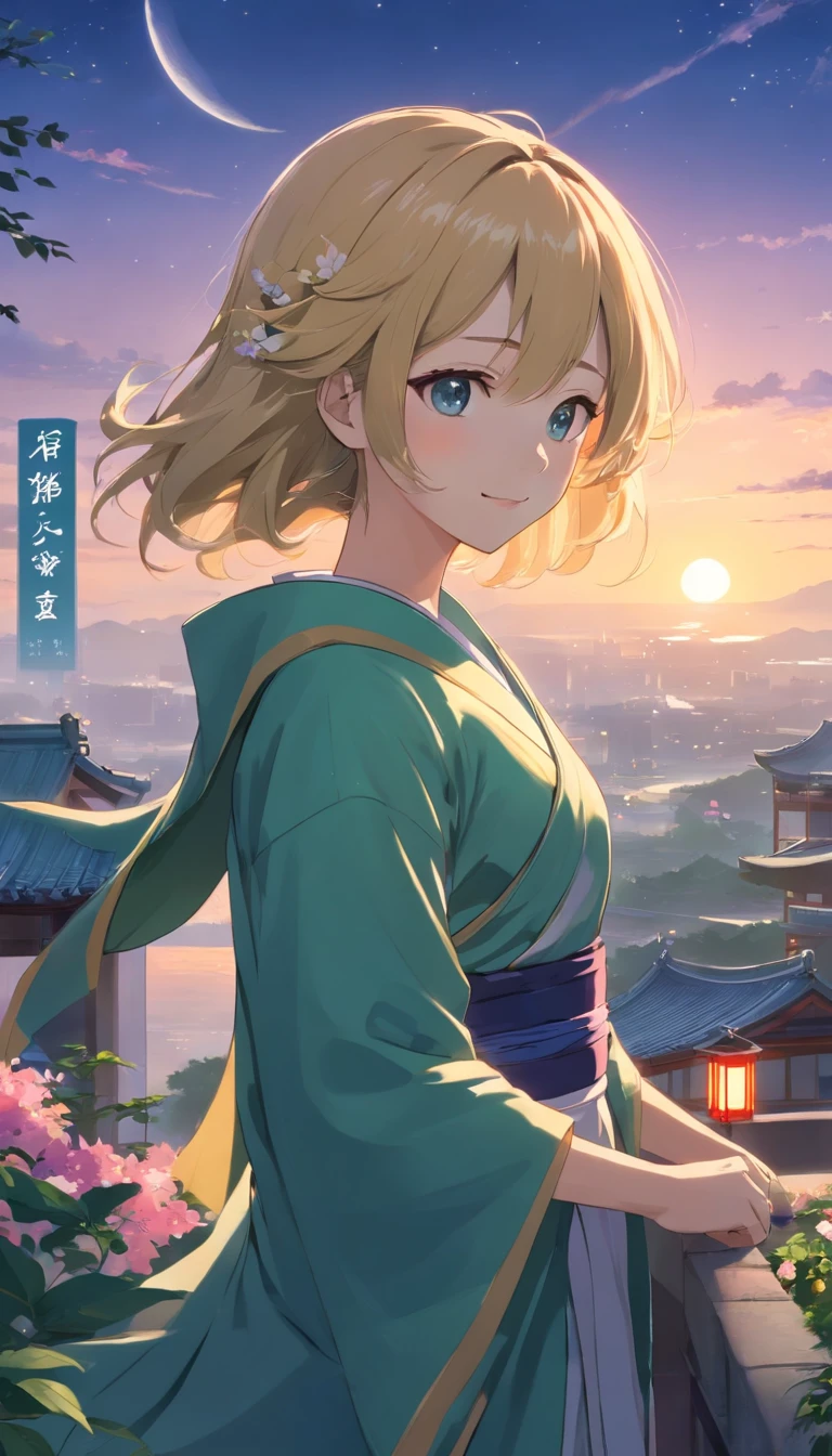 Best quality at best,tmasterpiece,The is very detailed,Face details,8K, detailed back ground,1girll,独奏,Blonde hair,eBlue eyes,,long whitr hair,wavey hair,voluminous hair,,,Blushlush,ssmile,Shawl,Chinese city,Chinese service,the night,themoon,scenecy,high place,horizon,ventania,wind blown,flowerbed,looking at viewert