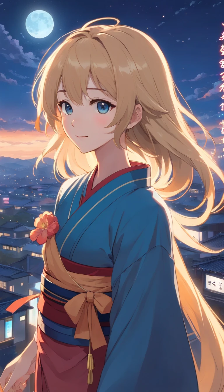 Best quality at best,tmasterpiece,The is very detailed,Face details,8K, detailed back ground,1girll,独奏,Blonde hair,eBlue eyes,,long whitr hair,wavey hair,voluminous hair,,,Blushlush,ssmile,Shawl,Chinese city,Chinese service,the night,themoon,scenecy,high place,horizon,ventania,wind blown,flowerbed,looking at viewert