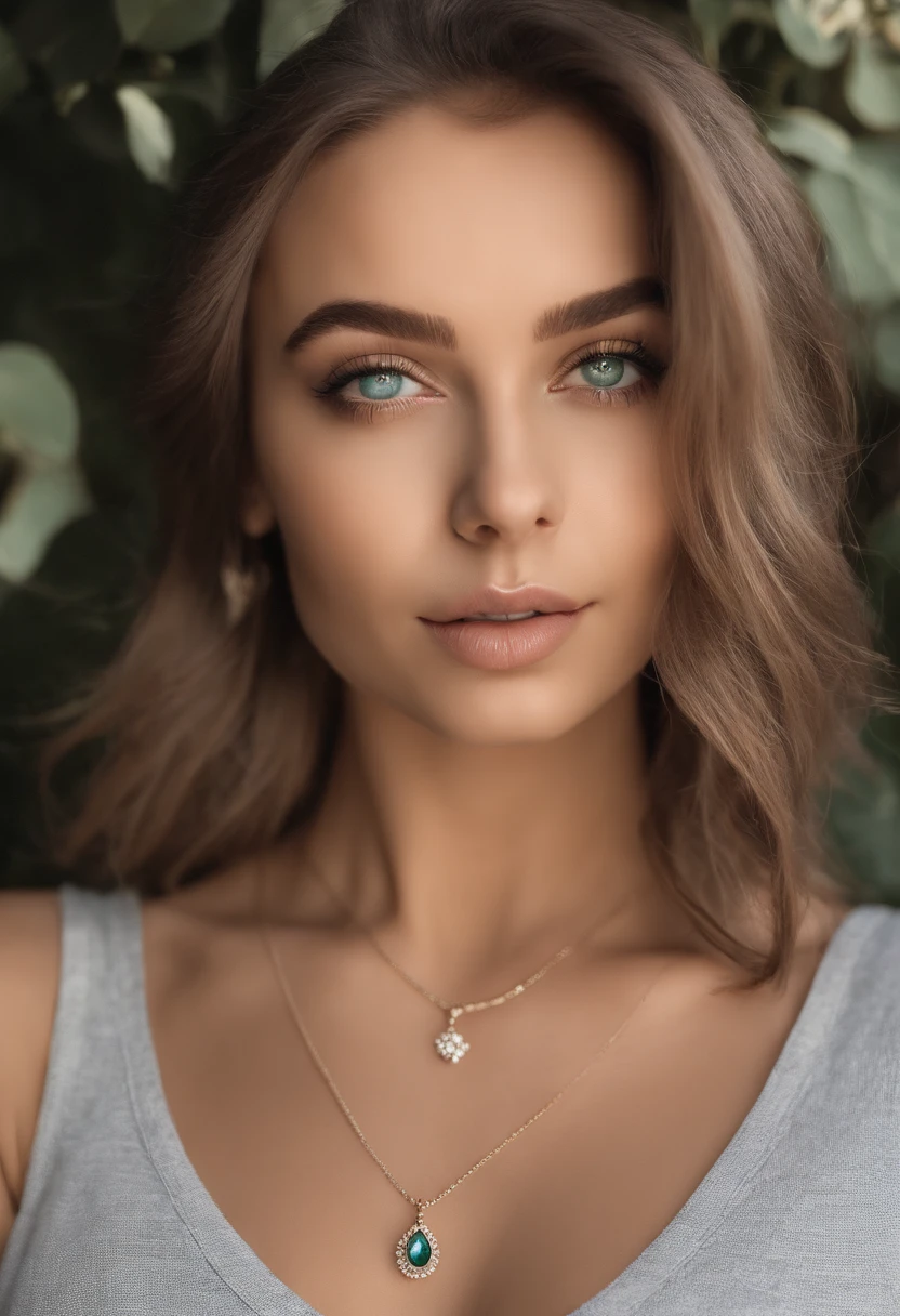 Arafed woman with a white tank top and necklace, fille sexy aux yeux verts, Portrait Sophie Mudd, cheveux bruns et grands yeux, selfie of a young woman, Yeux de chambre, Violet Myers, sans maquillage, maquillage naturel, looking straight at camera, Visage avec Artgram, Maquillage subtil, Superbe photo du corps entier, Piercing green eyesbetter quality