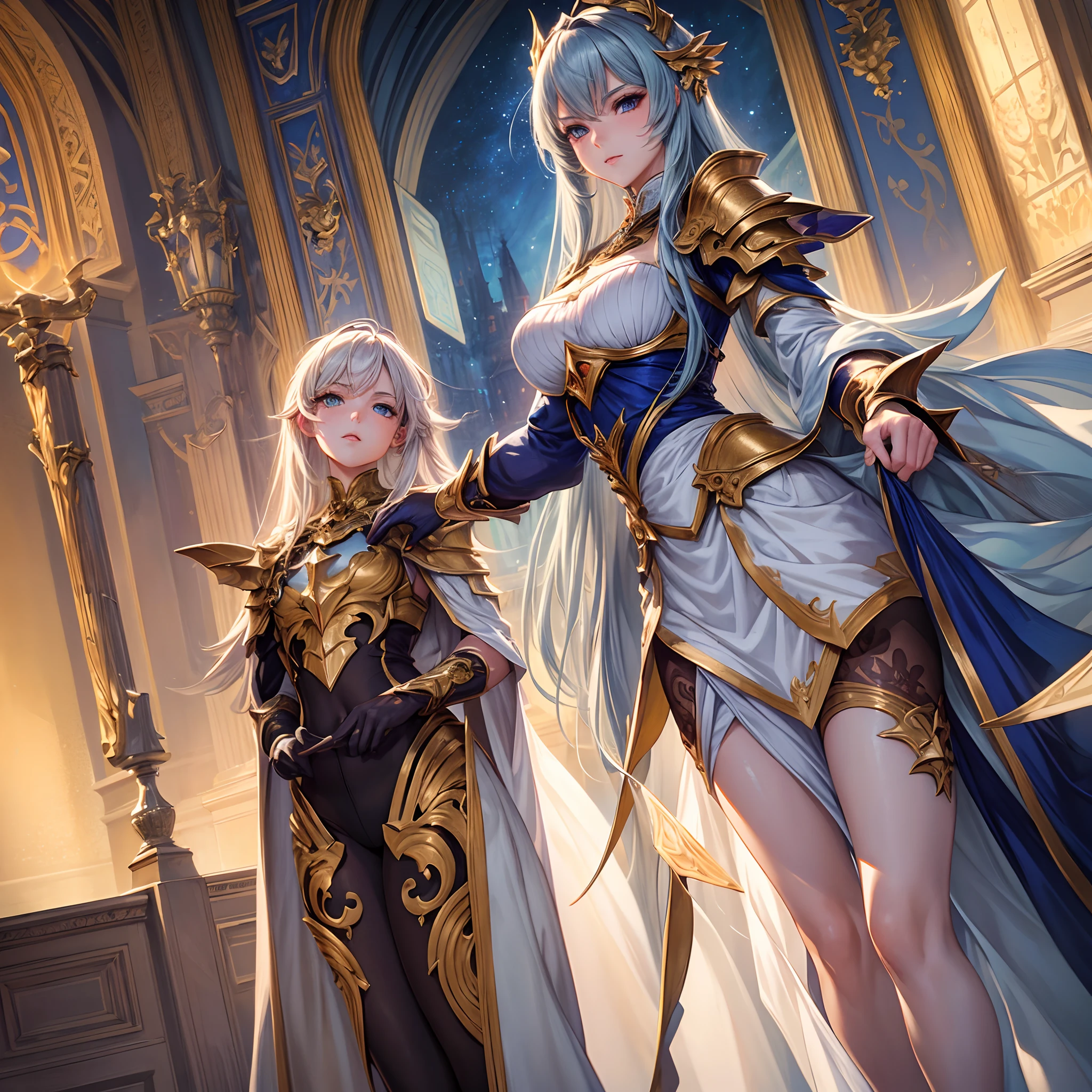 ((Masterpiece, Highest quality)), Detailed face, perfectly proportions， full bodyesbian, Full of details，Beautiful paladin girl，estilo fantasia，lacepantyhose，Extremely beautiful，High Balance, Natural light
