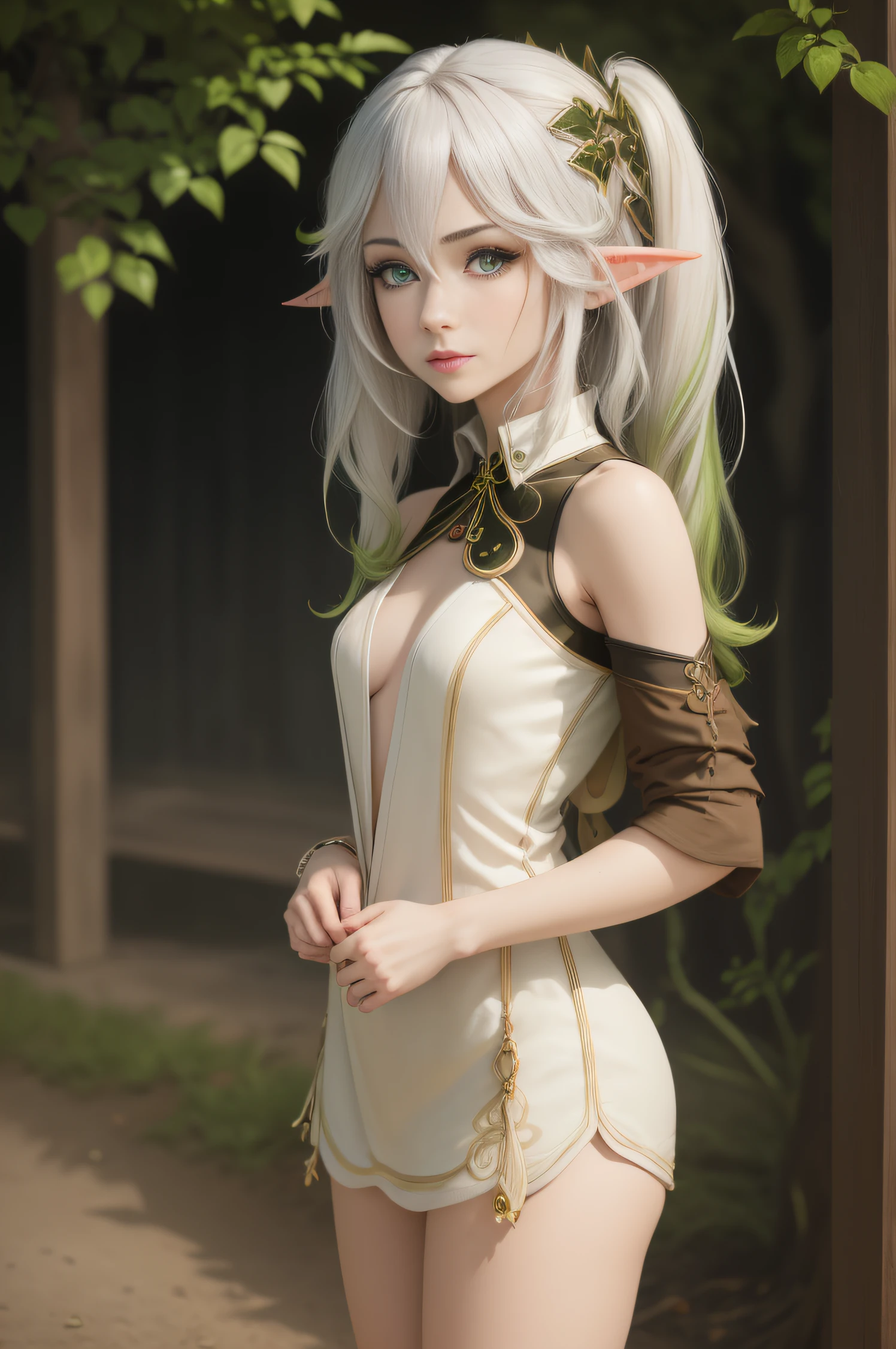 Adult girl standing and looking at the camera, pixie, elf ears, Beautiful elven ears, The girl stood in a popular pose, Long hair, High-quality beautiful eyes, beatiful face, High Quality Face, model figure, Slim waist, confusion, sexuality, Cute beautiful anime woman, detailed digital anime art, beautiful anime girl, beautiful anime girl, Anime with small details, Best Quality, Masterpiece, Ultra-detailed, Beautiful, hight resolution, Original,CG 8K ультрареалистичный, perfect artwork, beatiful face, Face Clean, Skin, hyper realistic, Ultra Detailed, A detailed eye, dramatic lighting, (Realistic) Realistic, Full HD, Best Quality, Best Quality, Beautiful lighting, (8k wallpaper of extremely detailed CG unit), High Details, sharp-focus, The art of dramatic and photorealistic painting, beautiful smile, You can see the chest, naked breasts, sexy clothes,