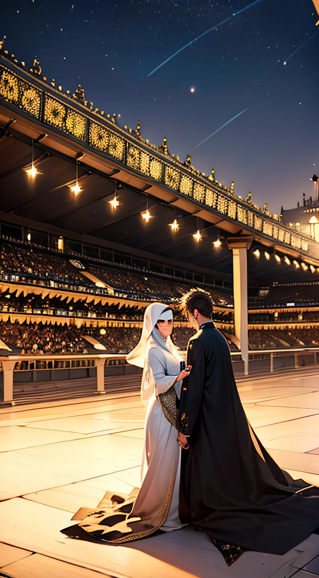Generate an image of a Muslim couple standing in front of the Ka'bah at night. The scene should be illuminated by the soft glow of the mosque's lights, with the night sky filled with countless stars, creating a tranquil, awe-inspiring atmosphere, and religious. Ensure that the couple is well dressed in traditional Islamic attire the woman wear very covered hijab and is engaged in a peaceful moment of reflection and prayer.