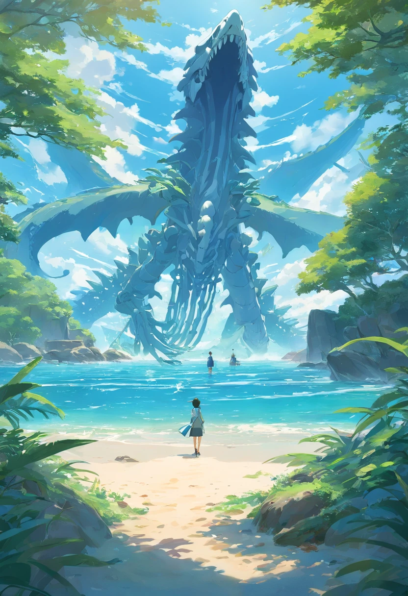 The skeleton of a huge sea beast lies across the island,Sea Islands,Island group,Water element in water,Huge animal bones,A majestic,spectacular,A wyvern swoops down,Ultra-long viewing angle,in a panoramic view,HighestQuali,Island background,Background core Behemoth Island,Overlooking the perspective