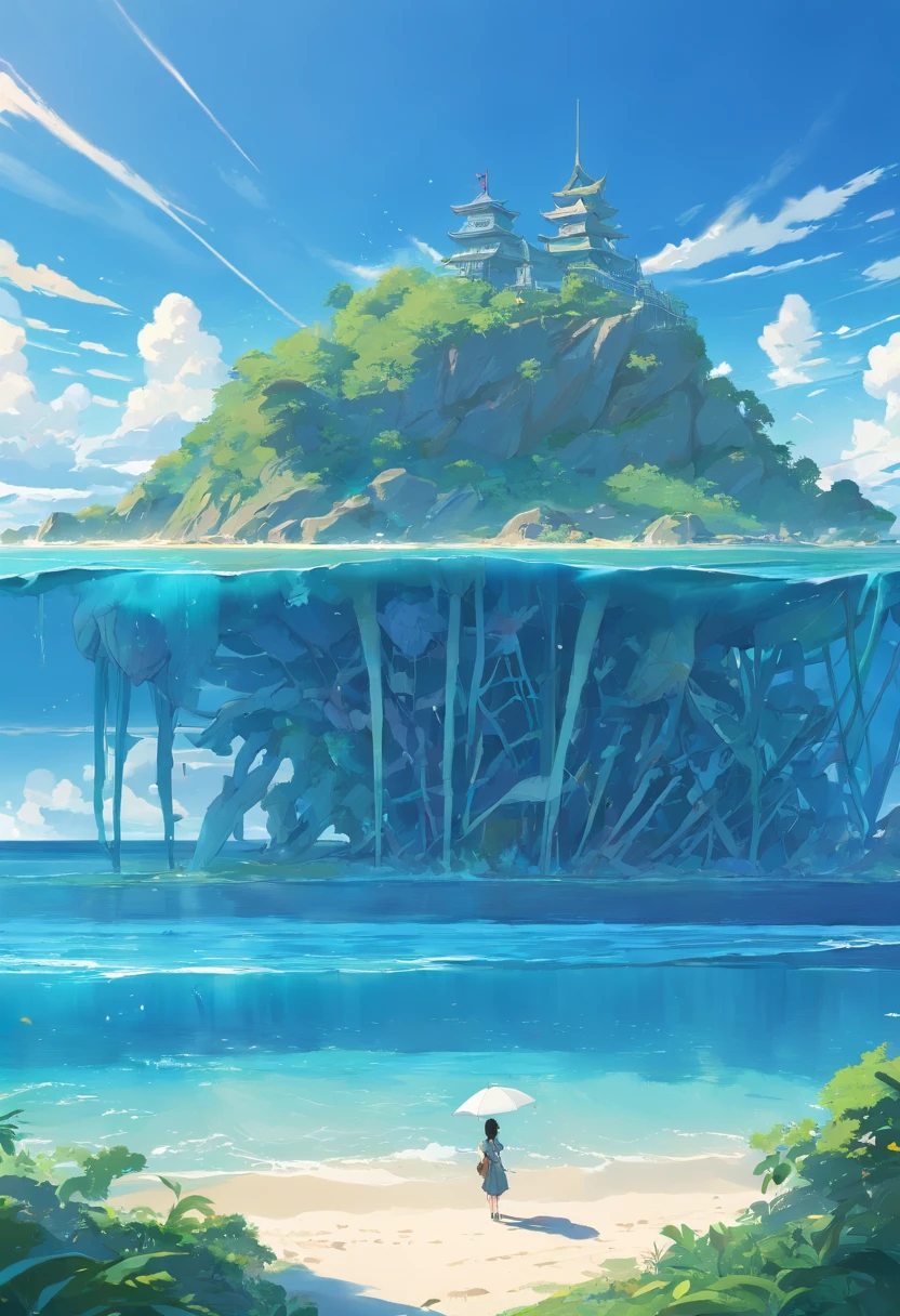 The skeleton of a huge sea beast lies across the island,Sea Islands,Island group,Water element in water,Huge animal bones,A majestic,spectacular,A wyvern swoops down,Ultra-long viewing angle,in a panoramic view,HighestQuali,Island background,Background core Behemoth Island,Overlooking the perspective