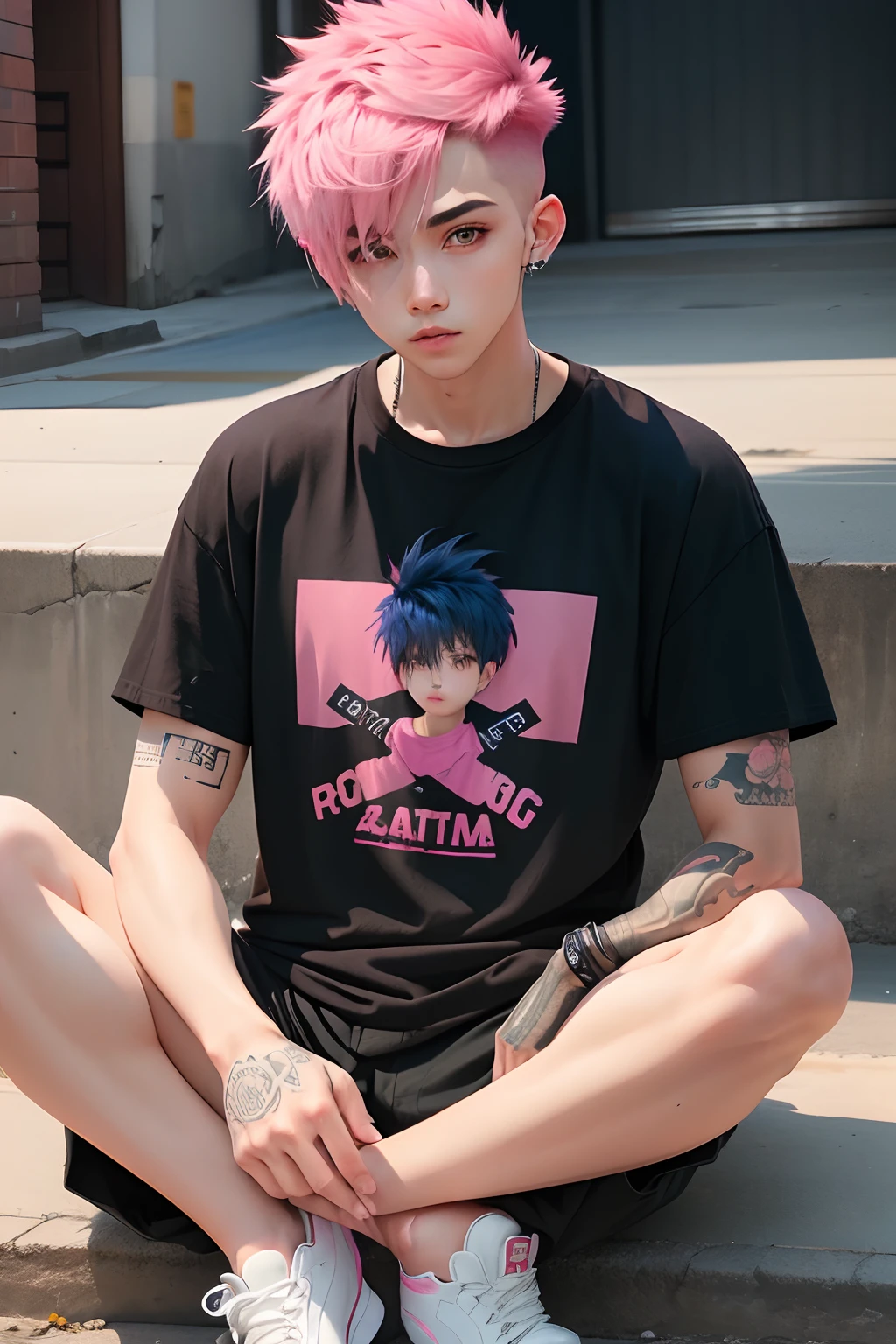 boy, pink short messy fade cut hair, emo, jugging pants, long big plain black t shirt(no print style, just plain), cute pose, tatoo, sit pose