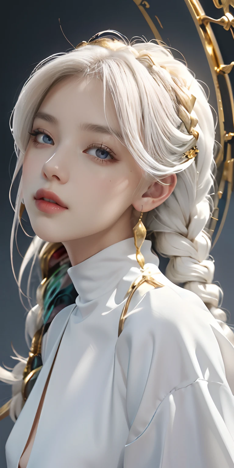 best quality, masterpiece,white hair, gold eyes,white clothes, looking up, upper body,hair strand,Fair skin,side braids