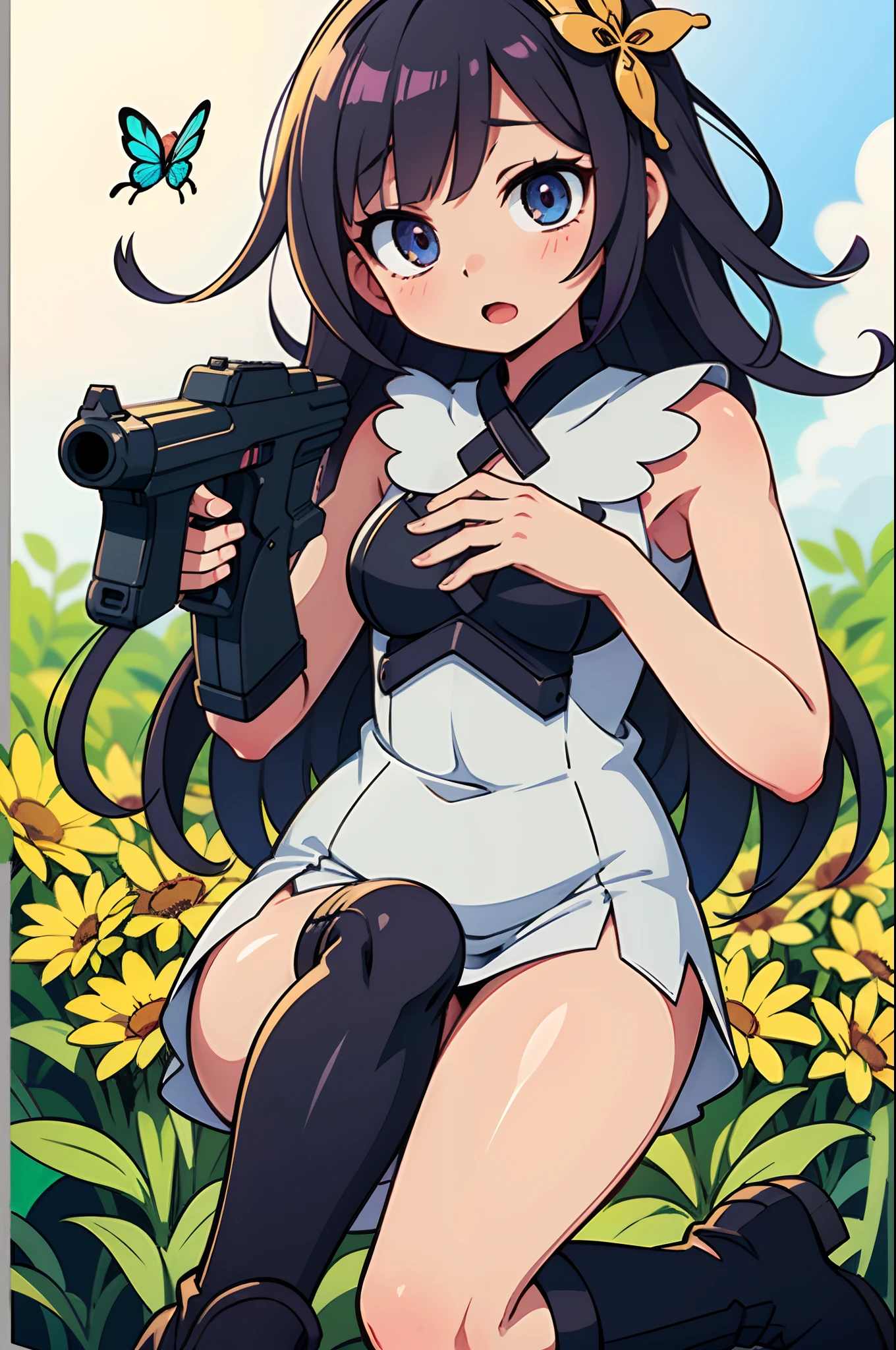 Octane Render、(Hyper-detailing: 1.15)、cinematic lightening、Cute Fantasy Princess、Handgun shooting practice、Fine Pattern Pistol,long boots、ultradetailed eyes、Full Paint、(Floral hair ornament、butterfly hair ornament)、masutepiece、Anatomically correct、blur、depth of fields