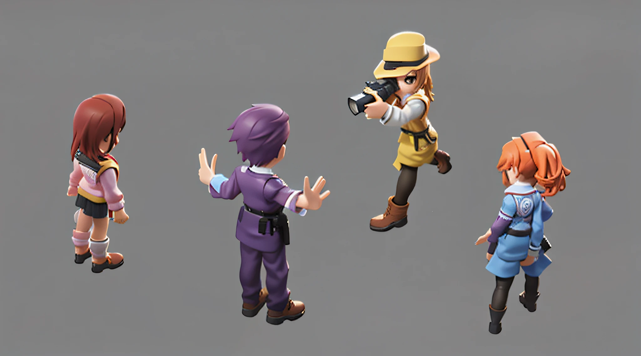 Close-up of a set of cartoon characters with camera, 3D model characters, Highly detailed character models, a variety of poses, a variety of poses, various action pose,3D model style, character posing, game assets, Highly detailed characters, Game characters, Detailed characters, ingame image, Stylized game art, human game protagonist designs, Character artwork, charact, game assets