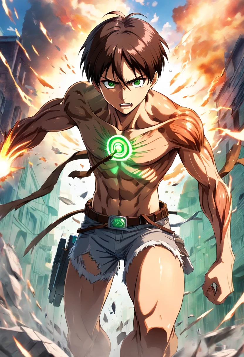 "Generate a digital illustration of Eren Yeager from the Attack on Titan series, showcasing his transformation and evolution throughout the story. Start with his appearance as a young and determined Survey Corps member, wearing the iconic Survey Corps uniform and wielding the vertical maneuvering equipment. Illustrate his intense and determined expression, highlighting his unwavering resolve to fight against the Titans. Then, transition to his later form, emphasizing his Titan shifter abilities and the changes in his physical appearance. Show Eren's colossal and powerful Titan form with intricately designed details, such as his glowing green eyes and the steam emanating from his body. Incorporate dynamic action into the illustration, with Eren using his Titan powers in a battle against other Titans or in a pivotal moment from the series. Capture the complex emotions and character development Eren undergoes, from his initial desire for freedom to the challenges and moral dilemmas he faces as the story progresses. Ultimately, convey the duality of his character, as both a hero and a formidable force of destruction in the Attack on Titan universe."]