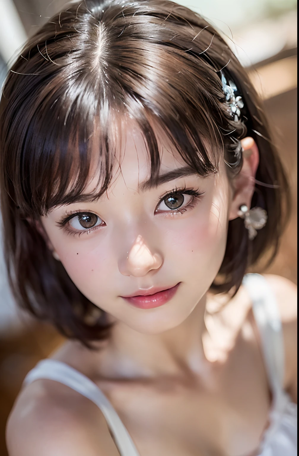 (top-quality, masterpiece:1.2), 16 year old beautiful girl, Very cute, Blouse, F 1.8, Soft light, Raw Photos Real, The skin texture is very detailed, without makeup, mournful, mournful, short Hair, Smile, depth of fields, hight resolution, Ultra-detailed, finely detail, Extremely detailed, extremely detailed eye and face, Sharp pupils, Full body