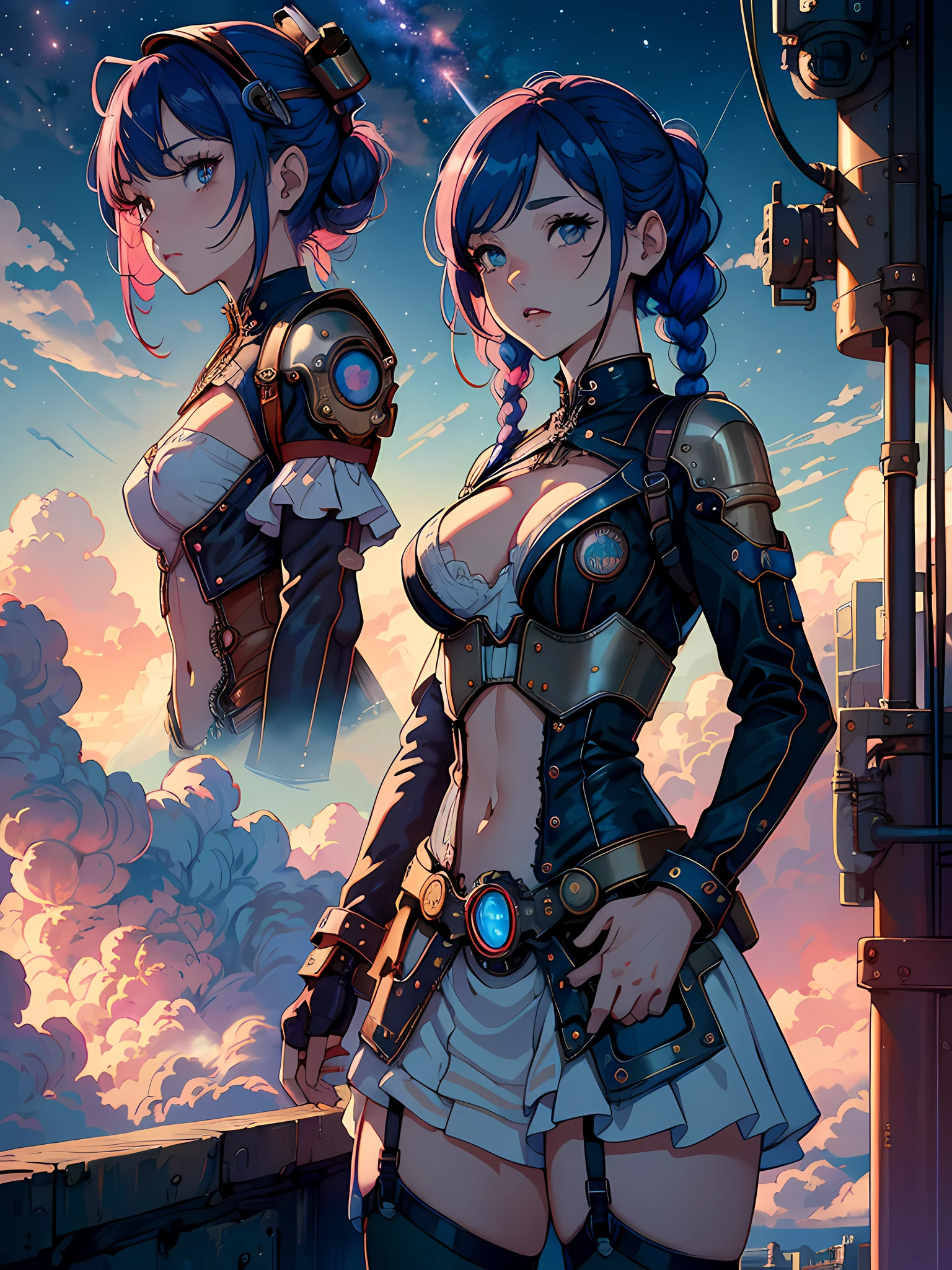 (best quality, masterpiece), official art, illustration, ligne claire, highres, absurdres, ultra-detailed, 8k, (in the air), (above the cloud:1.3), 1girl, blue and violett hair, long hair, braids, steampunk, gears, skirt, colorful steampunk outfit, cutout above navel, see-through clothing, (steampunk city background), cloudy sky, sexy, tight, shadow, reflection, lightred Meteor, half the sky is Milky Way, motion