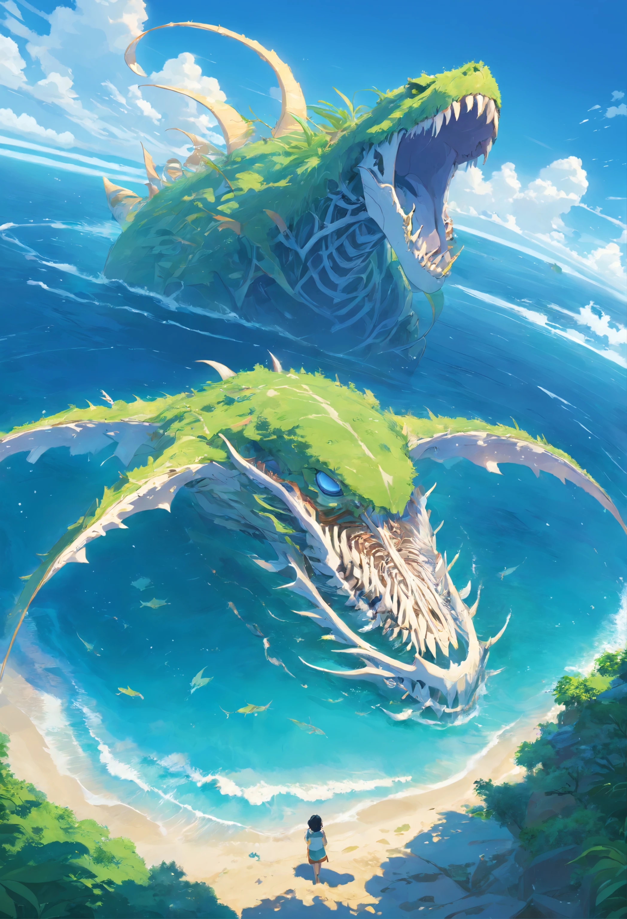 The skeleton of a huge sea beast lies across the island,Sea Islands,Island group,Water element in water,Huge animal bones,A majestic,spectacular,A wyvern swoops down,Ultra-long viewing angle,in a panoramic view,HighestQuali,Island background,Background core Behemoth Island,Overlooking the perspective