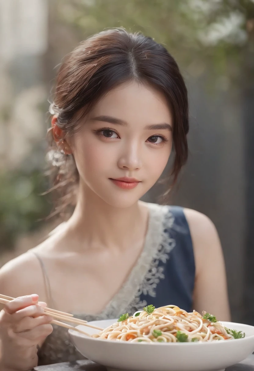 8K,Professional shadows、finedetail、realskin、foco nítido、Eye focus、tmasterpiece、top-quality、realistic detail、Sharp Images、hentail realism、A high resolution、Smiling Chinese beauty eating noodles、age 22、Medium black hair,college girl、Holding chopsticks、Kind eyes、solid color backdrop