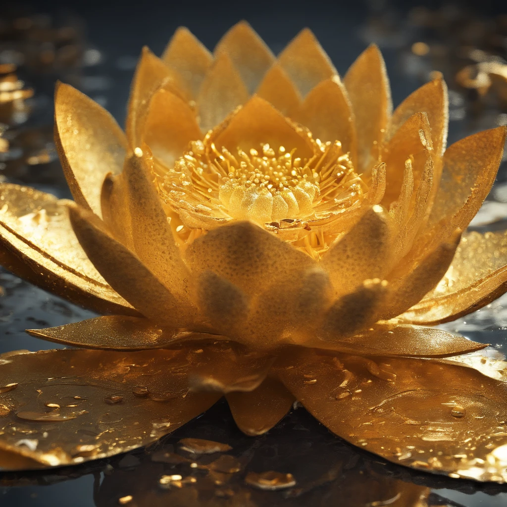A golden water lily, lotus petals, radiating golden light, Lotus, with lotus flowers, glowing golden aura, a golden halo, soft golden light, glowing delicate flower, lotuses, gold ethereal light, gold flowers, sitting on a lotus flower, gilded lotus princess, Golden glow, Golden light, golden background with flowers, (extremely detailed CG unity 16k wallpaper:1.1), (Denoising strength: 1.45), (tmasterpiece:1.37), ray tracing, god rays, UHD, award winning