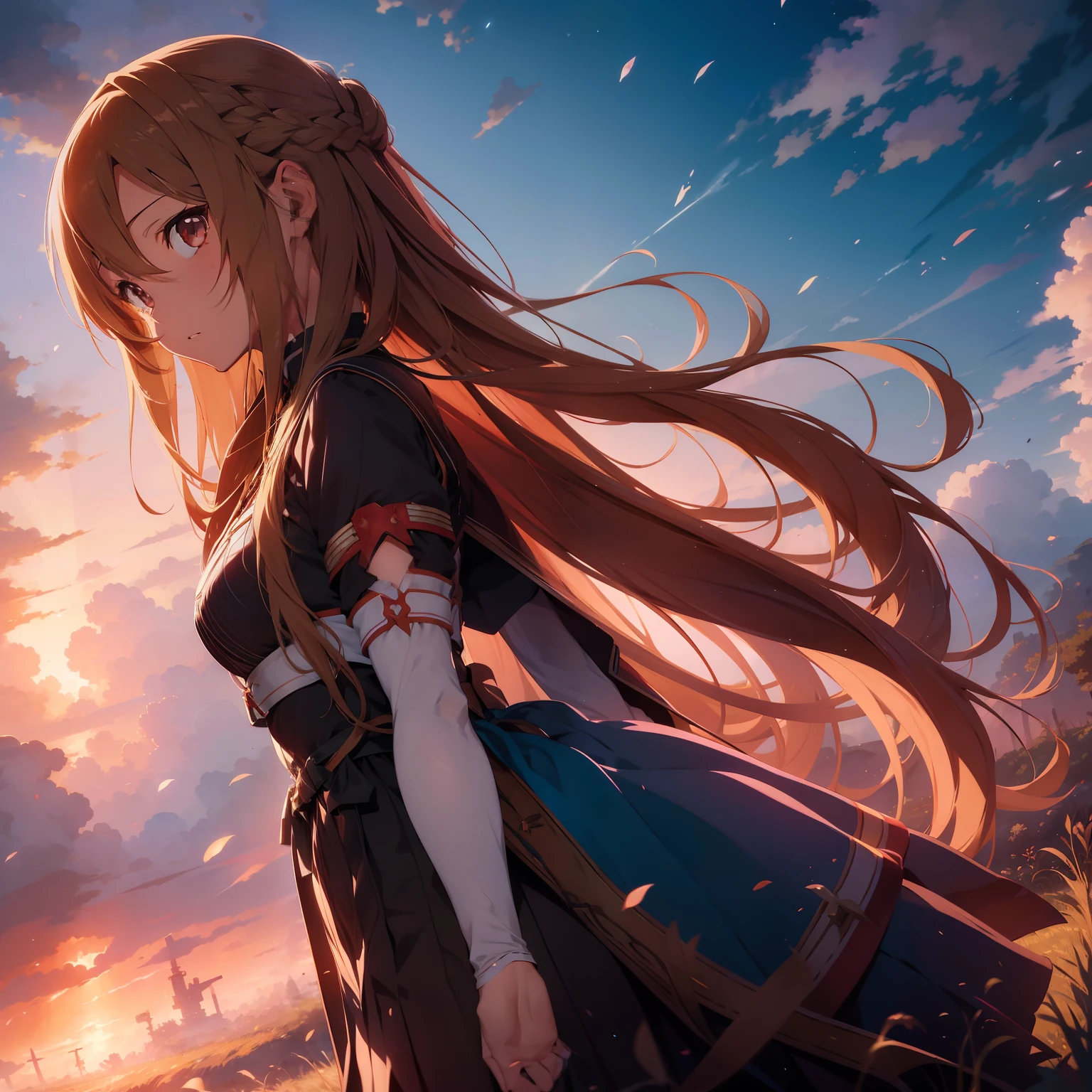anime girl with long hair and sword in field with sky background, asuna yuuki, asuna from sao, epic light novel art cover, detailed key anime art, anime goddess, portrait of a female anime hero, detailed digital anime art, high detailed official artwork, blonde anime girl with long hair, photo of asuna from sao, anime girl with long hair