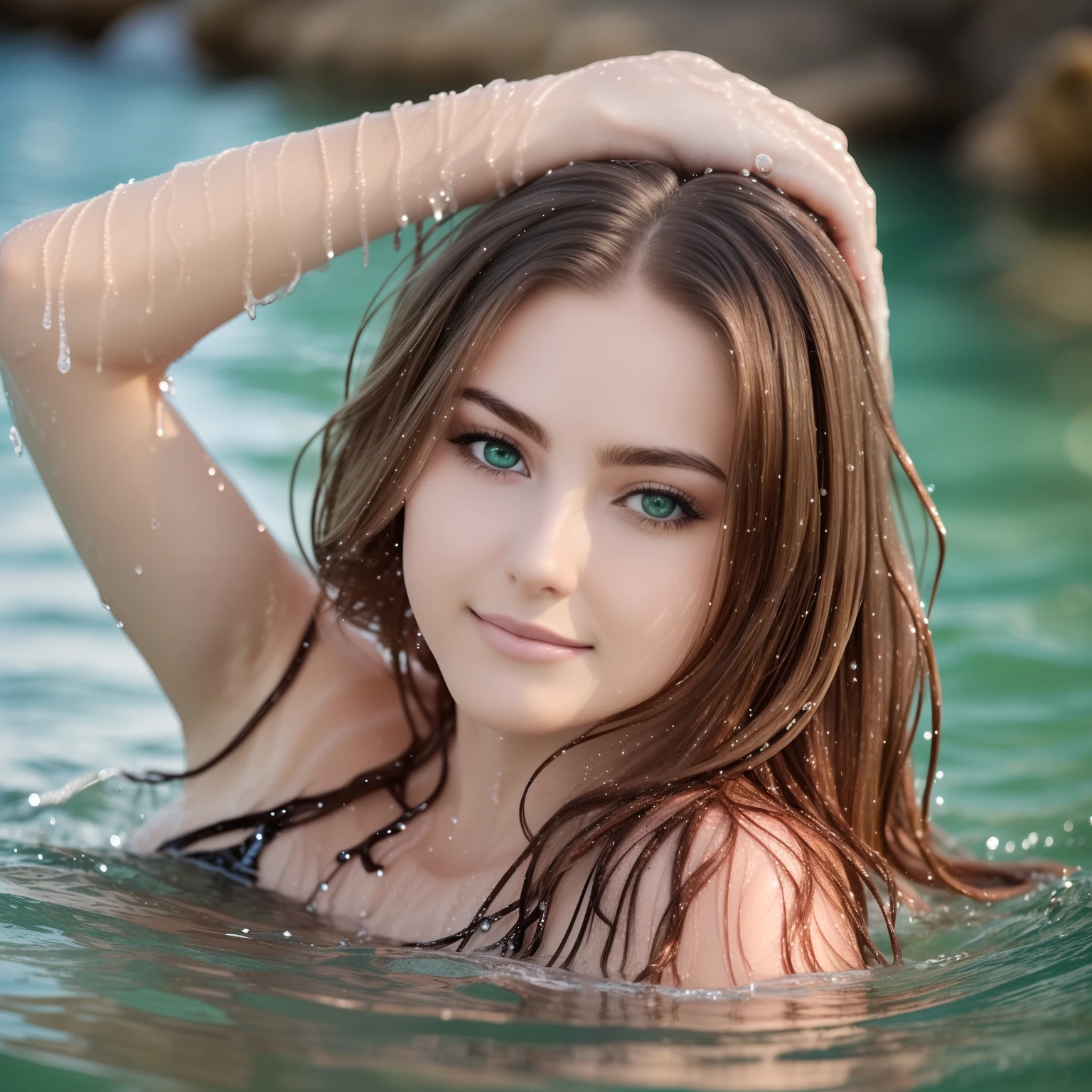 (mise au point nette:1.2), photo, (une jeune fille de 22 ans), (beautifull detailed face:1.2), Detailed green eyes, Regards curieux, long chestnut hair, (Rousseur), (belle peau), dans la mer, ((immersed in water up to the chin)), (Grand angle), ((coucher de soleil)) , (((((Regarder le spectateur))))), Slight smile, eau claire,