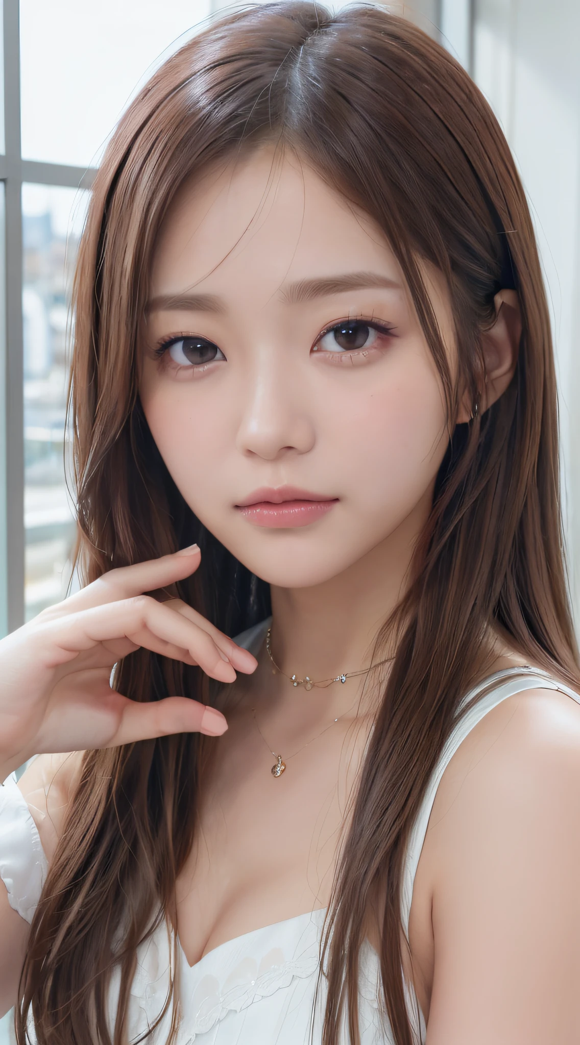 1womanl, (up of face:1.5), light brown hair, Blunt bangs, hair behind ear, hair over shoulder, Long hair, Ultra Fine Face, Thin face, Delicate lips, (beautidful eyes:1.5), thin blush, eyes are light brown,View here, Ultra-thin hands, Ultra-fine fingers, best ratio four finger and one thumb, white jaket, a choker ,(Port Area) ,One-person viewpoint,  8K, masutepiece, nffsw, Super Detail, High quality, Best Quality, hight resolution,