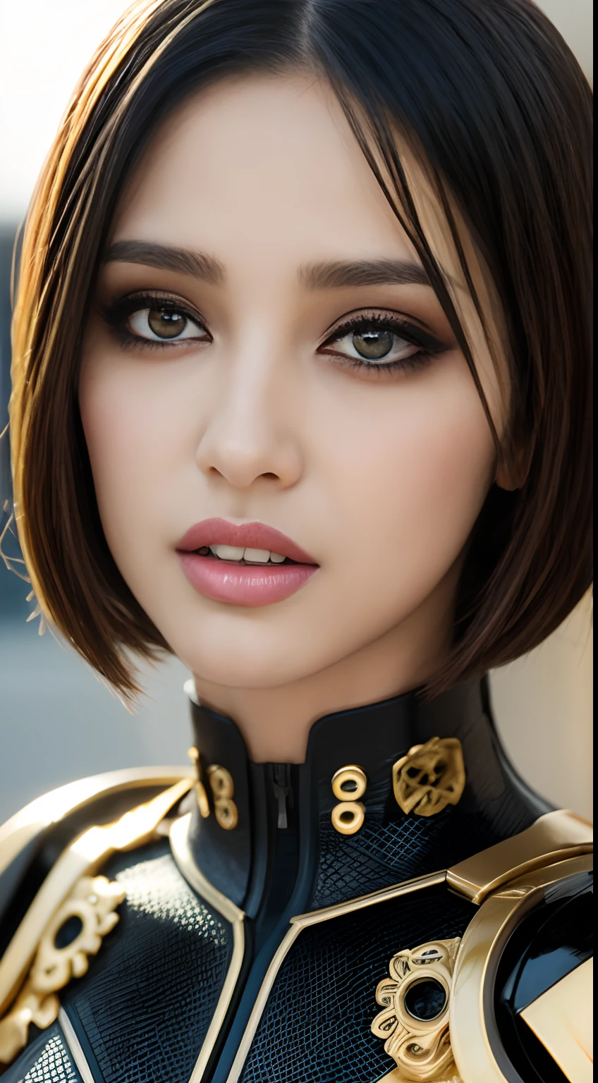 One Arabian model ,Unique hair details, Cyberpunk Y2K Fashion. Fairy-like. Mechanical Fashion, Near future, Curve details , Detailed eyes, 二重まぶた, Plump lips, Short hair, Professional makeup, Golden ratio, Hyper res、outside of house、show teeth