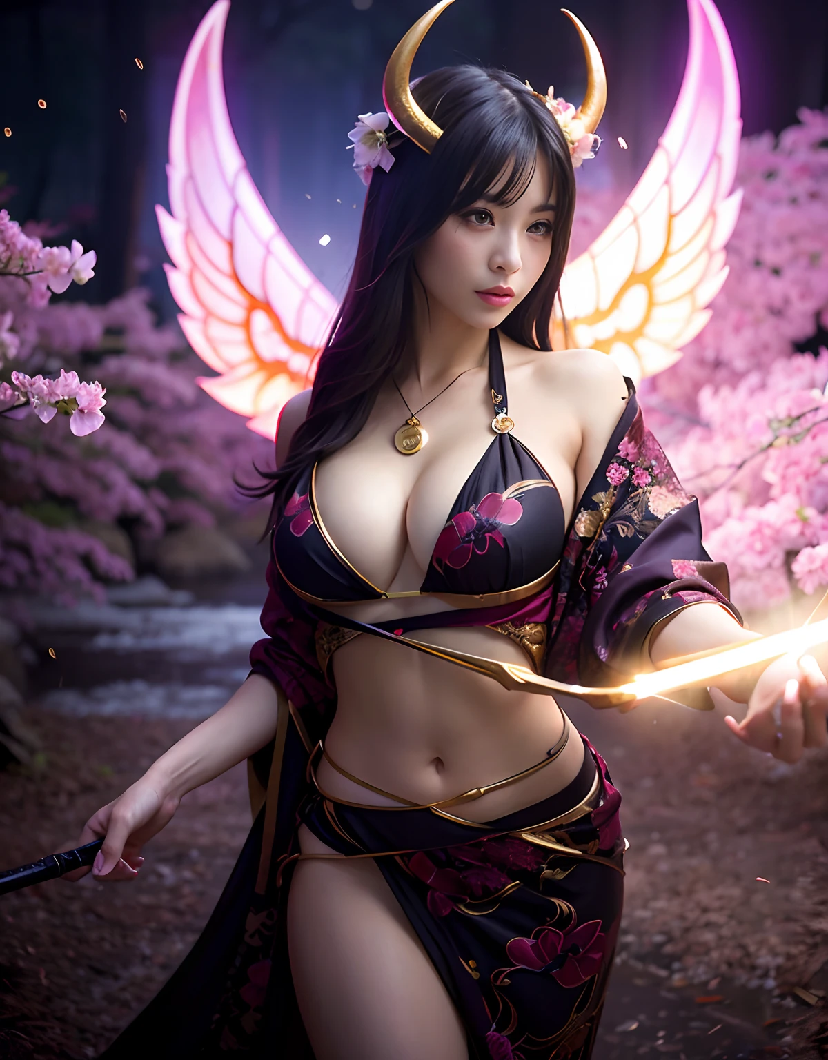 ((World of Darkness)),Professional , masterpiece、top-quality、photos realistic , depth of fields 、(sexypose)、(Background of cherry blossoms in full bloom),(Ultimate Beauty)、A dark-haired、(White bikini armor)、(Kimono with beautiful pattern)、(Night background)、((a dark night)),(Wear a beautiful kimono),(Wear a beautiful kimono with colorful floral patterns)、Jewel Gold Weapon、Particles of light),(Has a devil's mask)、Gorgeous gold weapons ,(( Gorgeous Dragon Sword)) , (a dark night),,(maikurobikini) 、((Black Haired Beautiful Girl))、(Castle background)、(demonic wings)、((Gangle's forest background))、Beautiful Caucasian beauty、1a person、dynamic ungle,(((Two devil's horns on the head)))、Smaller head、Idle Smile、Thin and beautiful female hands、Mystical expression、Light Effects、intense fighting、Wind-effect、magic circles、With the legendary magic wand、Dragon's tail、Anatomically correct fingers、