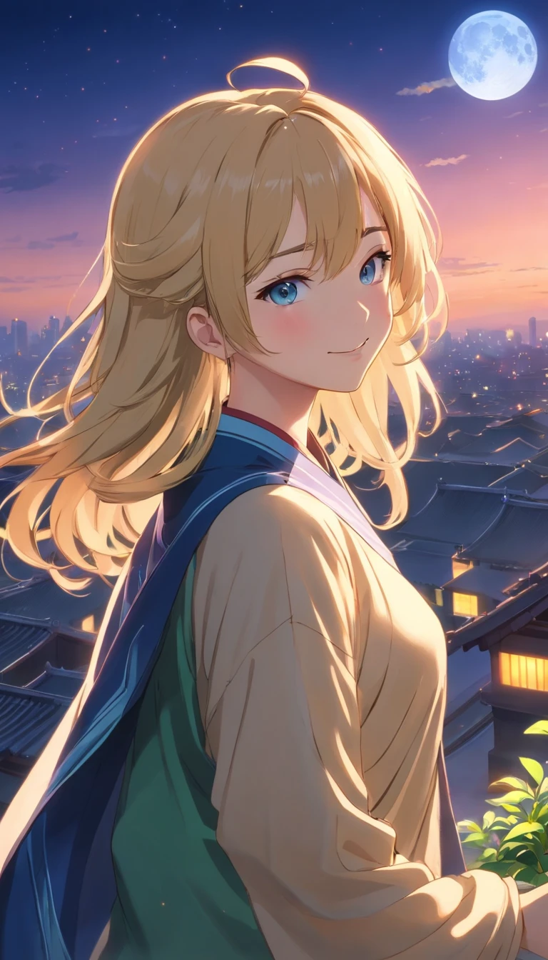 Best quality at best,tmasterpiece,The is very detailed,Face details,8K, detailed back ground,1girll,独奏,Blonde hair,eBlue eyes,,long whitr hair,wavey hair,voluminous hair,,,Blushlush,ssmile,Shawl,Chinese city,Chinese service,the night,themoon,scenecy,high place,horizon,ventania,wind blown,flowerbed,looking at viewert