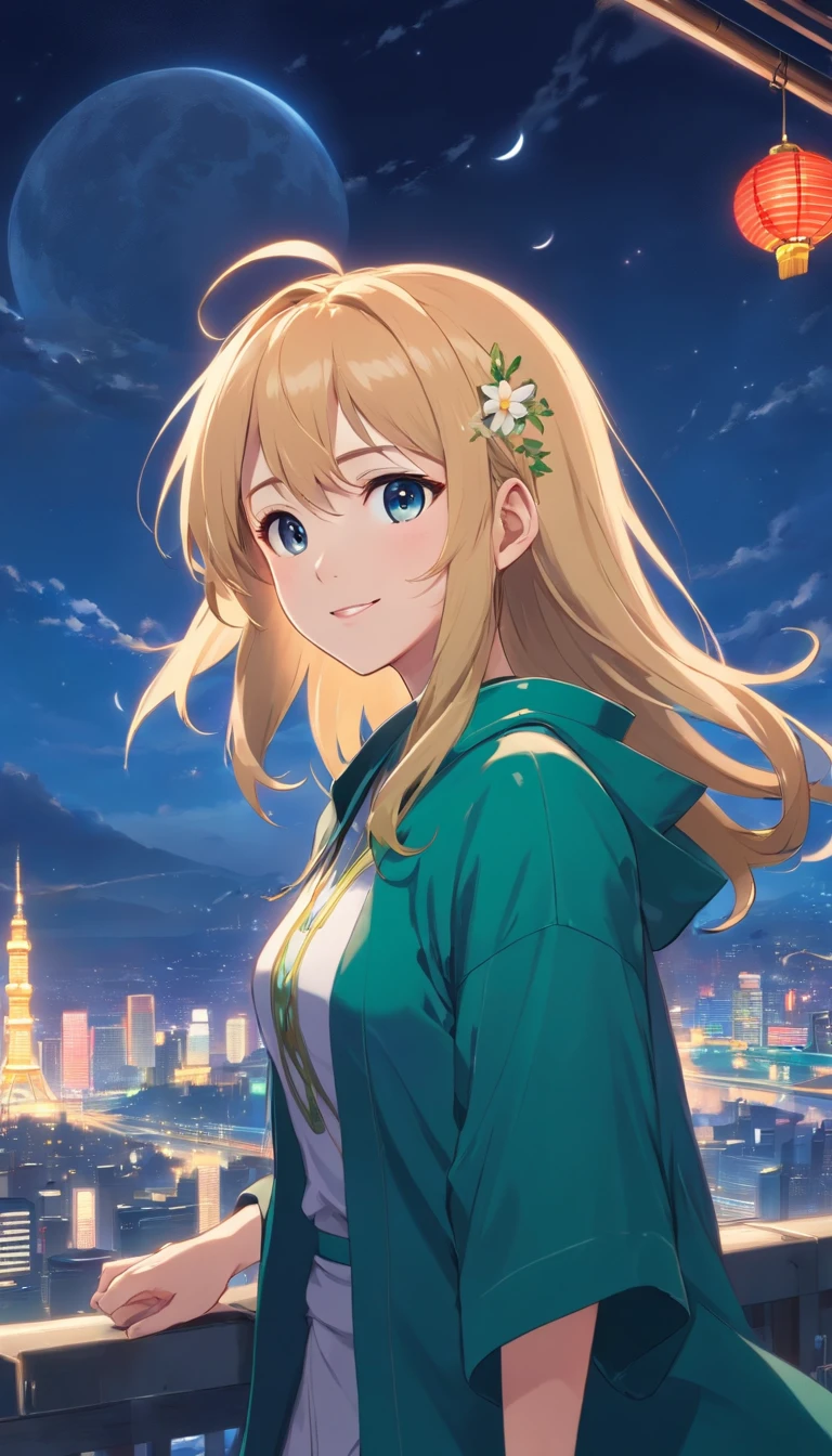Best quality at best,tmasterpiece,The is very detailed,Face details,8K, detailed back ground,1girll,独奏,Blonde hair,eBlue eyes,,long whitr hair,wavey hair,voluminous hair,,,Blushlush,ssmile,Shawl,Chinese city,Chinese service,the night,themoon,scenecy,high place,horizon,ventania,wind blown,flowerbed,looking at viewert
