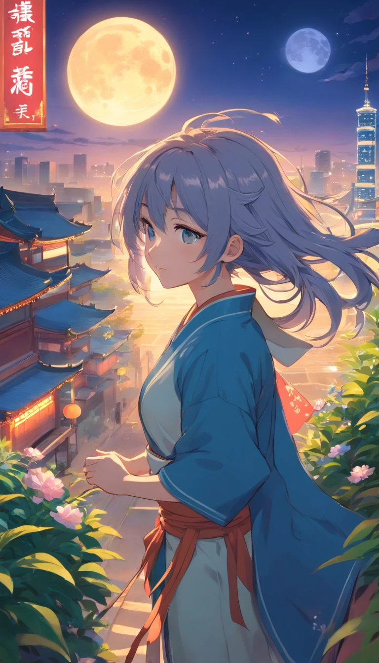 Best quality at best，tmasterpiece，The is very detailed，Face details，8K, detailed back ground，1girll，独奏，Silver hair，eBlue eyes，，long whitr hair，wavey hair，voluminous hair，，，Blushlush，ssmile，Shawl，Chinese city，Chinese service，the night，themoon，scenecy，high place，horizon，ventania，wind blown，flowerbed，looking at viewert