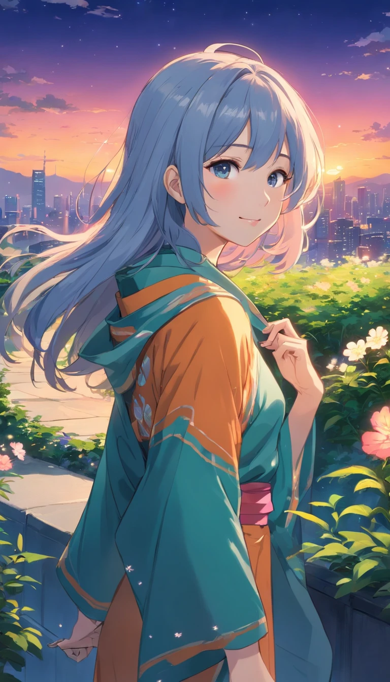 Best quality at best，tmasterpiece，The is very detailed，Face details，8K, detailed back ground，1girll，独奏，Silver hair，eBlue eyes，，long whitr hair，wavey hair，voluminous hair，，，Blushlush，ssmile，Shawl，Chinese city，Chinese service，the night，themoon，scenecy，high place，horizon，ventania，wind blown，flowerbed，looking at viewert