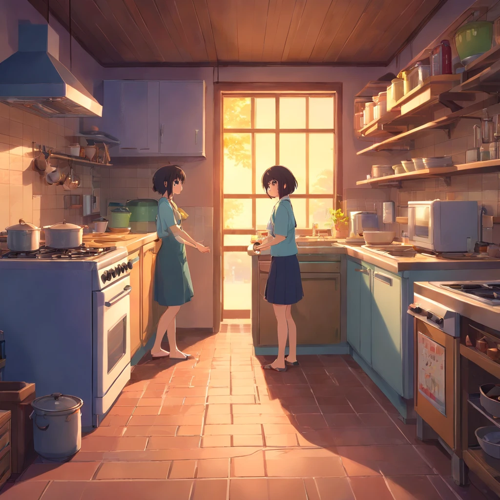 Isometric visualization of game art in the kitchen of a village house of horrors at dusk,rice cooker,refrigerator,microwave oven,cranny,Cabinet clearance,Details, 4k, K HD, hiquality