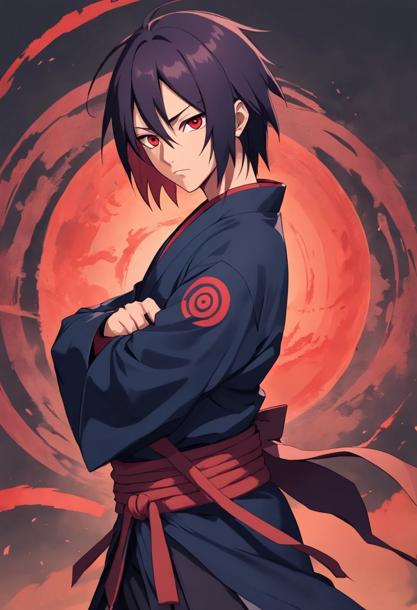 "Create a detailed and visually striking illustration of Itachi Uchiha's appearance, emphasizing the key elements that define his character. Pay meticulous attention to capturing the following aspects:

Facial Features: Highlight Itachi's distinctive long, straight black hair that partially covers his eyes. Showcase his piercing, onyx Sharingan eyes, each with three tomoe, conveying their hypnotic and powerful allure.

Outfit: Depict Itachi in his iconic Uchiha clan attire, consisting of a high-collared, dark blue shirt adorned with the Uchiha crest on the back. Include his pants and sandals, staying true to the traditional Uchiha style.

Expression: Portray Itachi with his customary calm and stoic expression, capturing the essence of his enigmatic personality.

Sharingan: Give special attention to the intricate details of Itachi's Sharingan eyes, focusing on the tomoe patterns and the intensity of their crimson color.Ensure that the illustration encapsulates Itachi's aura of mystery, intelligence, and inner turmoil, making him a captivating and visually compelling character."