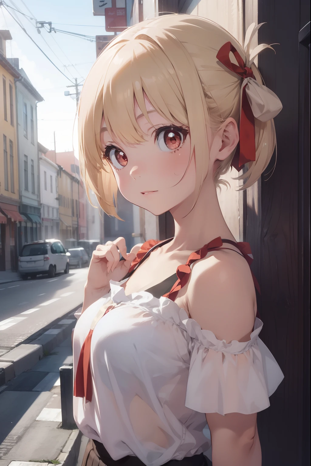 chisatonishikigi, nishikigi chisato, short hair, bangs, blonde hair, (red eyes:1.5), hair ribbon, one side up, bob cut,
BREAK shirt, bare shoulders, twintails, collarbone, hair ribbon, white shirt, frills, off shoulder, red ribbon, short twintails, off-shoulder shirt, frilled shirt,
BREAK outdoors, city,
BREAK looking at viewer, BREAK (masterpiece:1.2), best quality, high resolution, unity 8k wallpaper, (illustration:0.8), (beautiful detailed eyes:1.6), extremely detailed face, perfect lighting, extremely detailed CG, (perfect hands, perfect anatomy),