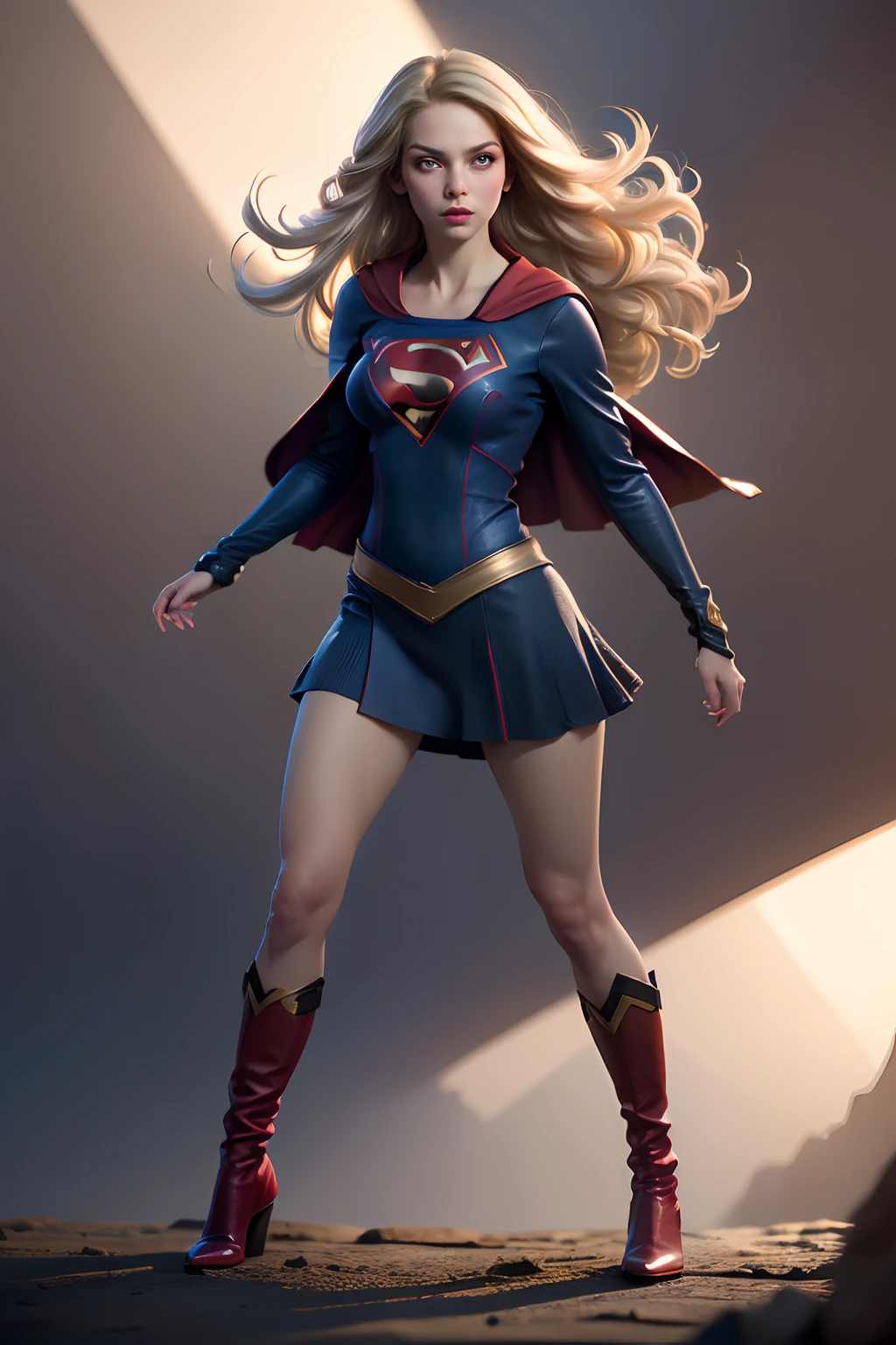 (8K, Best Quality, Photorealistic, masutepiece:1.2), super girl, Blue eyes, Blonde hair, Long hair, Cape, Superhero, Skirt, long boots, (Blonde girl:1.5), (Breast Focus:1.2), (Realistic:1.2), (Far View: 1.2), (Realism), (masutepiece:1.2), (Best Quality), (ultra-detailliert), (8K, 4K, Convoluted), (full body Esbian:1.5), (85 mm), light Particle, Lighting, (Highly detailed:1.2), (Detailed face:1.2), (gradients), SFW, Colorful, (Detailed eyes:1.2), (Detailed background), (Dynamic Angle:1.2), (Dynamic Pose:1.2), (rule of third_Composition:1.3), (Line of action:1.2), Wide Shot, Daylight, Solo.