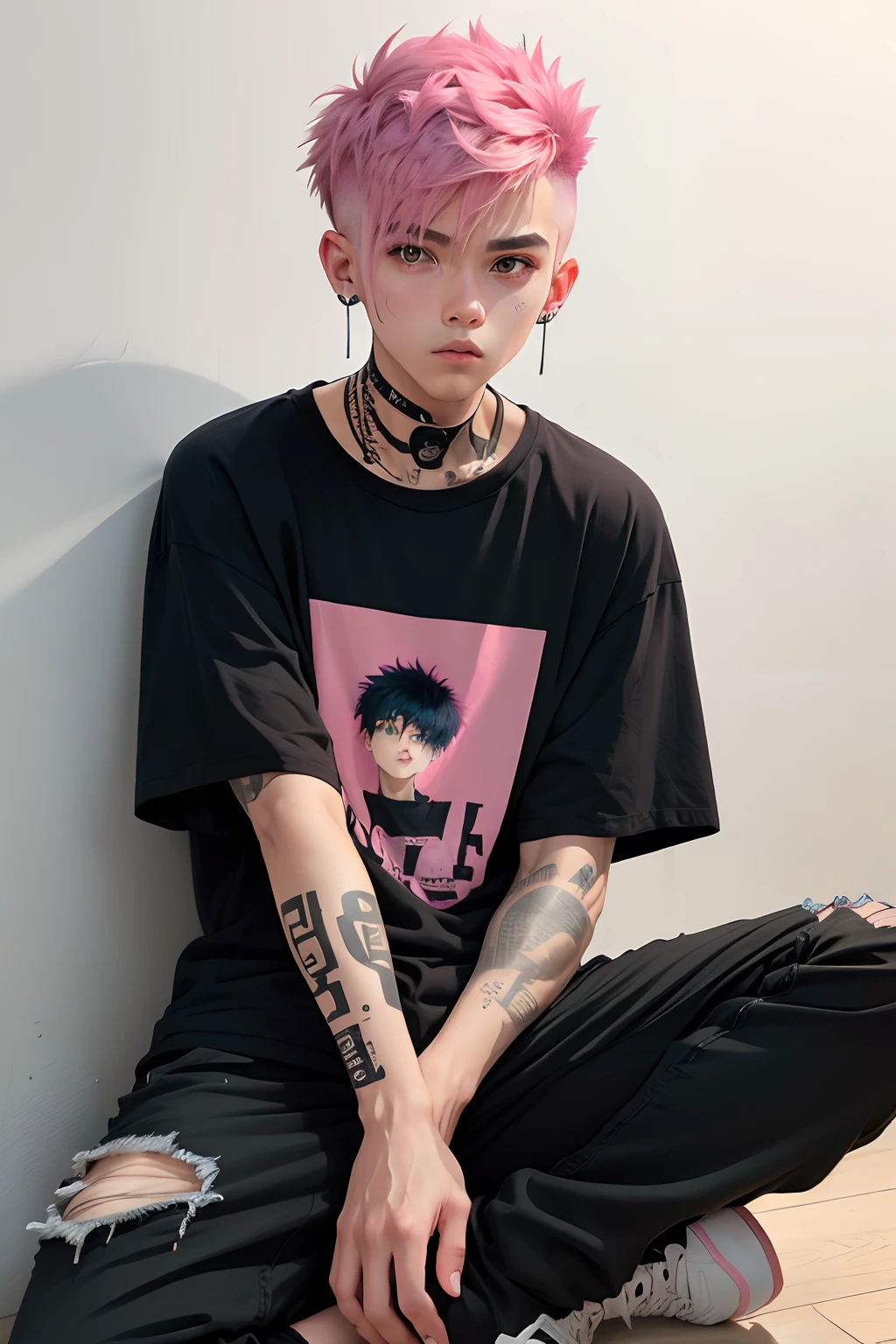 boy, pink short messy fade cut hair, emo, jugging pants, long big plain black t shirt(no print style, just plain), cute pose, tatoo, sit pose