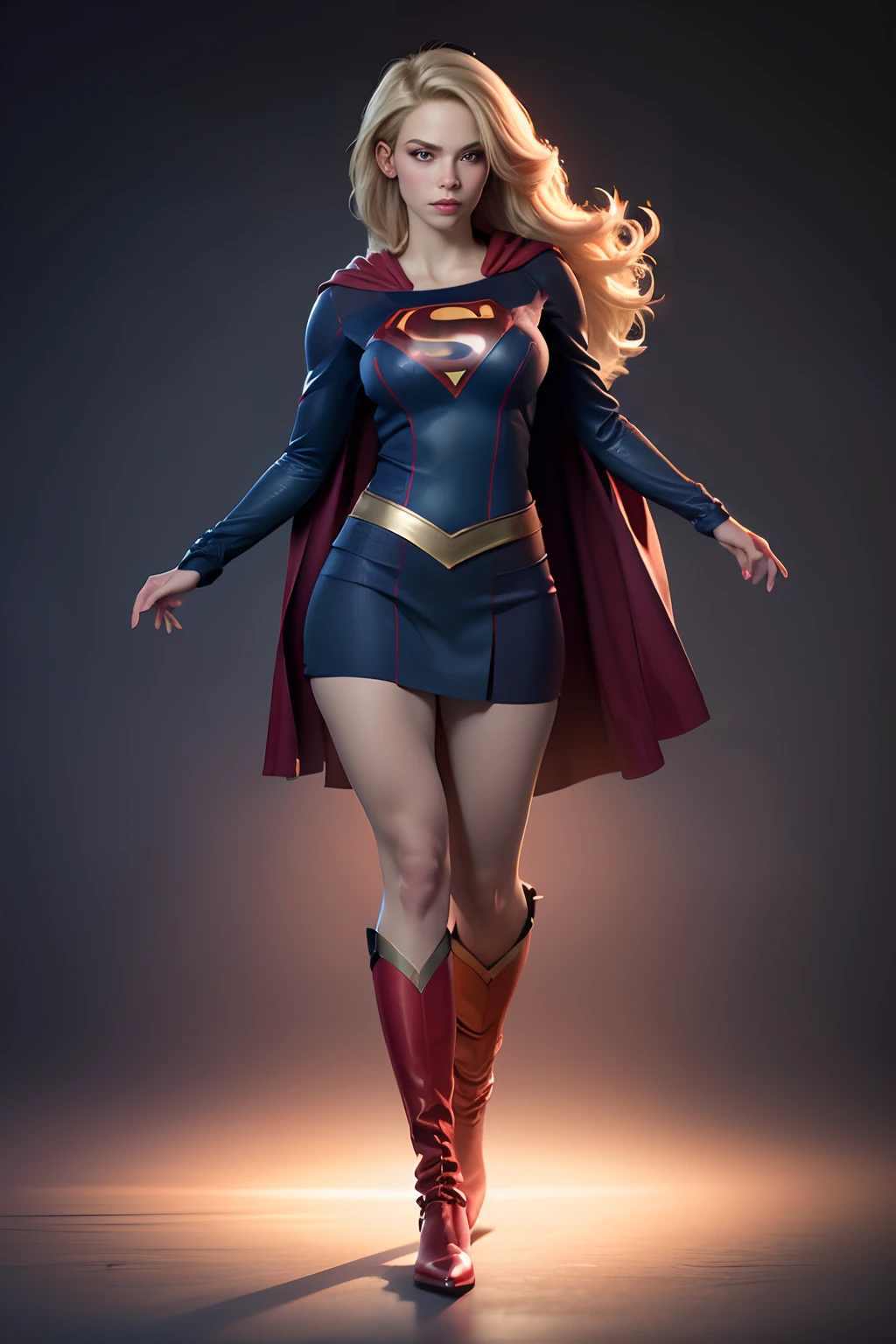 (8K, Best Quality, Photorealistic, masutepiece:1.2), super girl, Blue eyes, Blonde hair, Long hair, Cape, Superhero, Skirt, long boots, (Blonde girl:1.5), (Breast Focus:1.2), (Realistic:1.2), (Far View: 1.2), (Realism), (masutepiece:1.2), (Best Quality), (ultra-detailliert), (8K, 4K, Convoluted), (full body Esbian:1.5), (85 mm), light Particle, Lighting, (Highly detailed:1.2), (Detailed face:1.2), (gradients), SFW, Colorful, (Detailed eyes:1.2), (Detailed background), (Dynamic Angle:1.2), (Dynamic Pose:1.2), (rule of third_Composition:1.3), (Line of action:1.2), Wide Shot, Daylight, Solo.