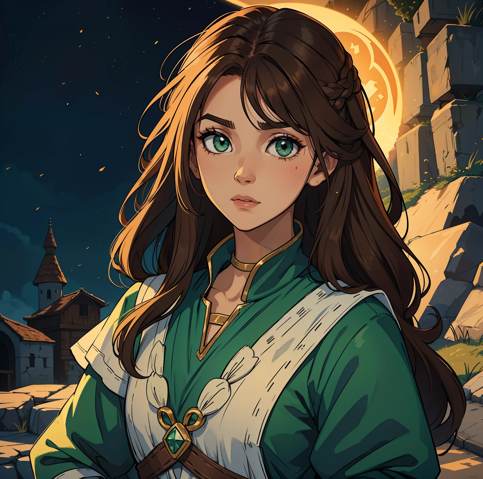 Um retrato de uma mulher bonita, com roupas leves oombros nus decote. with green eyes and brown hair;, um NPC para um RPG medieval usando trajes medievais em uma arte de RPG de arte medieval, Uma arte de detalhe aproximado em um quarto muito escuro com a luz da lua no fundo ((cabelo marron)) ((cabelo comprido)) ((cabelo ondulado)) ((ombros nus))