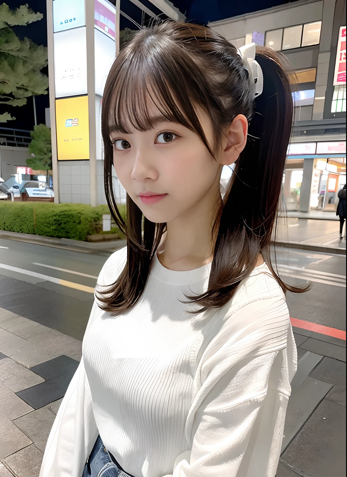 poneyTail,white  shirt,jeans,Shoulder bag,In front of Gotokuji Station at night,My hair is wet from the rain,My clothes are wet from the rain.Body line weight approx. 55 kg,Height 160 cm,