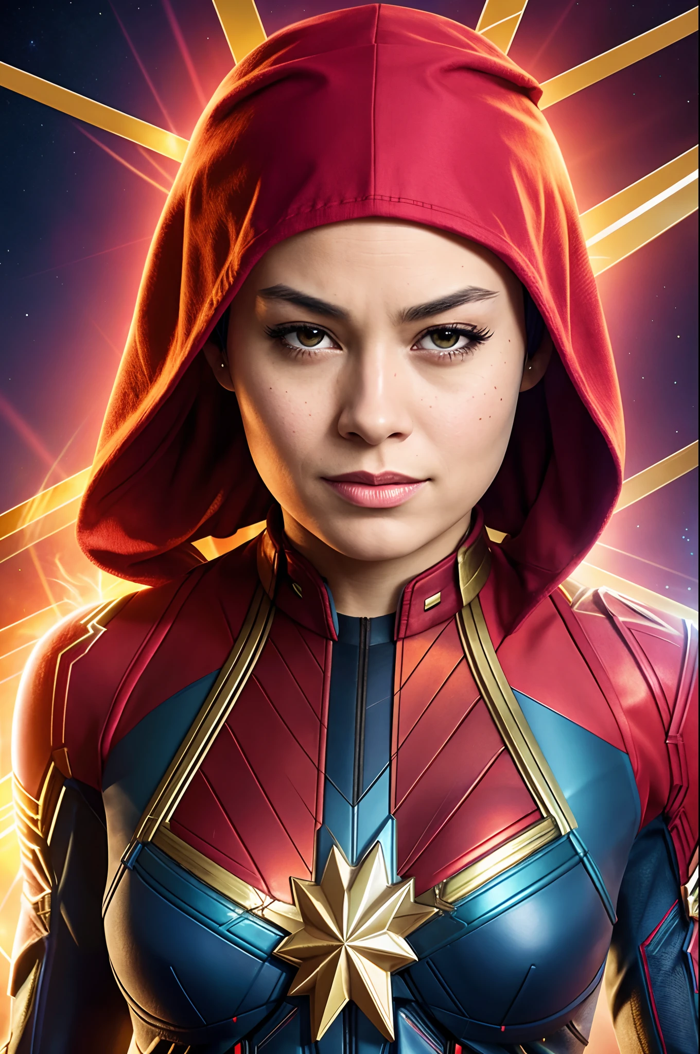 captain Marvel is muslim woman with hijab and head cover, 36k photo, realistic