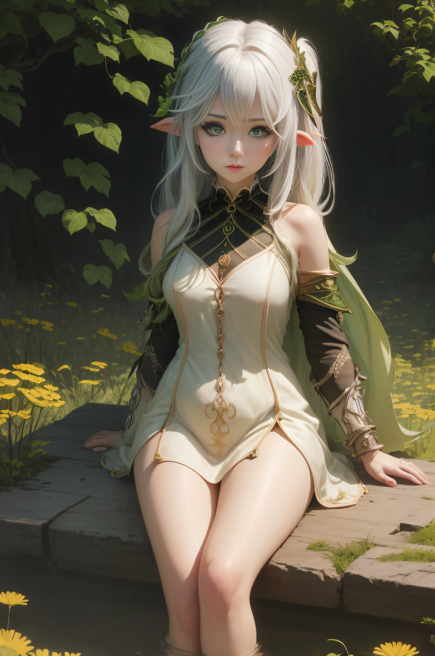 A beautiful elf with long flowing silver hair, piercing emerald eyes, and delicate pointed ears. She has a slender and graceful figure, dressed in a flowing ethereal miniskirt made of shimmering moonlight fabric. The miniskirt is adorned with intricate silver embroidery and delicate floral patterns, adding to the enchanting aura surrounding her. Her panties are pure white. The elf is standing amidst a magical forest, with sparkling fairy lights illuminating the surroundings. The vibrant green leaves of the towering trees create a mesmerizing backdrop. Sunlight filters through the branches, casting ethereal rays of golden light on the elf's radiant face. She holds a magical staff in her hand, which emits a soft glowing energy, revealing her strong connection with nature. The atmosphere is filled with a sense of serenity and tranquility. The colors in the scene are vibrant and saturated, with a touch of mystical hues, enhancing the magical ambiance. The lighting is soft and gentle, with a warm golden glow, creating a dreamlike and otherworldly atmosphere. The image quality is of the highest standard, with ultra-detailed rendering capturing every intricate detail of the elf's features and the surrounding environment. The overall style of the image is fantasy art, with a blend of realism and a touch of surrealism, capturing the essence of the mystical and enchanting world of elves. (peeing self, wetting self, urination, pee like a baby, pee stains, wet panties, pee on legs, pee puddle:1.5) 