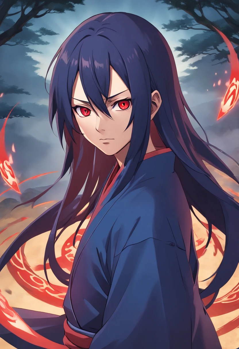 Itachi Uchiha possesses an unmistakable and hauntingly captivating appearance. His long, obsidian hair cascades over his forehead, veiling his left eye and contributing to the shroud of enigma that surrounds him. His most striking feature lies in his onyx eyes, harboring the Sharingan, a potent dojutsu characterized by three mesmerizing tomoe symbols within each eye. Itachi's face, marked by sharp and chiseled features, often dons a tranquil and collected expression that masks the depths of his inner turmoil. Clad in the traditional Uchiha clan attire—a high-collared, dark blue shirt adorned with the clan's emblem—he exudes an aura of both nobility and mystique. This attire, paired with dark pants and shinobi sandals, reflects his allegiance to the Hidden Leaf Village. Altogether, Itachi's appearance is an embodiment of his profound complexity, intelligence, and the tragic legacy he carries as a member of the Uchiha clan.