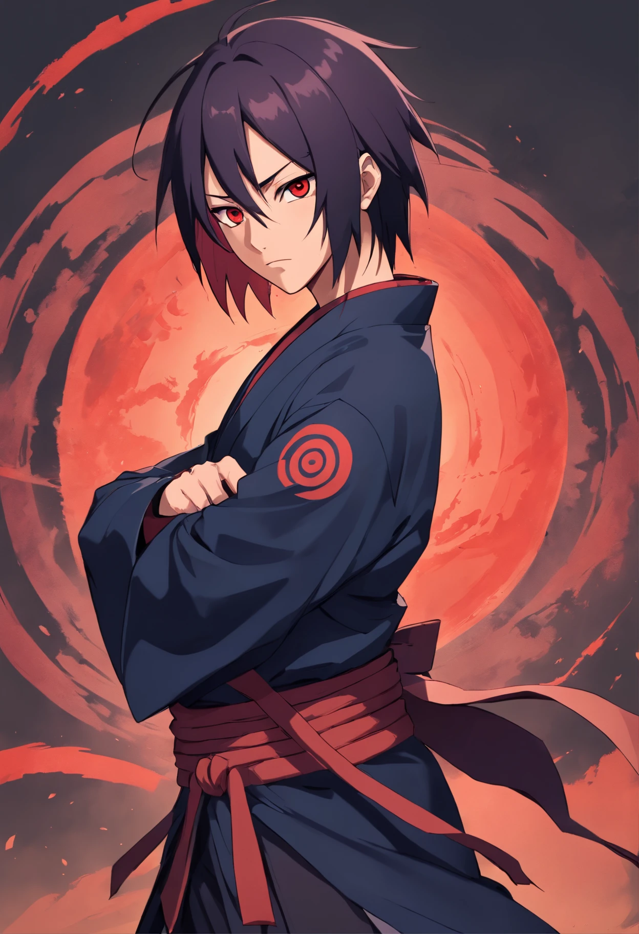 "Create a detailed and visually striking illustration of Itachi Uchiha's appearance, emphasizing the key elements that define his character. Pay meticulous attention to capturing the following aspects:
Facial Features: Highlight Itachi's distinctive long, straight black hair that partially covers his eyes. Showcase his piercing, onyx Sharingan eyes, each with three tomoe, conveying their hypnotic and powerful allure.
Outfit: Depict Itachi in his iconic Uchiha clan attire, consisting of a high-collared, dark blue shirt adorned with the Uchiha crest on the back. Include his pants and sandals, staying true to the traditional Uchiha style.
Expression: Portray Itachi with his customary calm and stoic expression, capturing the essence of his enigmatic personality.
Sharingan: Give special attention to the intricate details of Itachi's Sharingan eyes, focusing on the tomoe patterns and the intensity of their crimson color.Ensure that the illustration encapsulates Itachi's aura of mystery, intelligence, and inner turmoil, making him a captivating and visually compelling character."