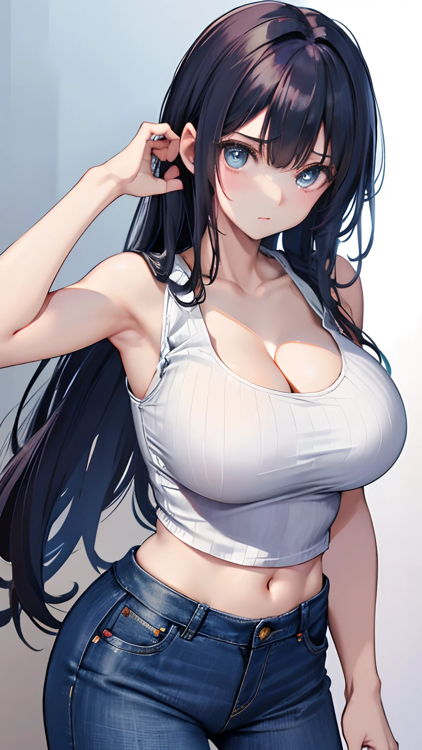 (lifelike, high - resolution:1.3), 1 girl with a perfect body, Super fine face and eyes,slong hair, Tank top of random colors:1.2, short jeans, big boob,Expose cleavage