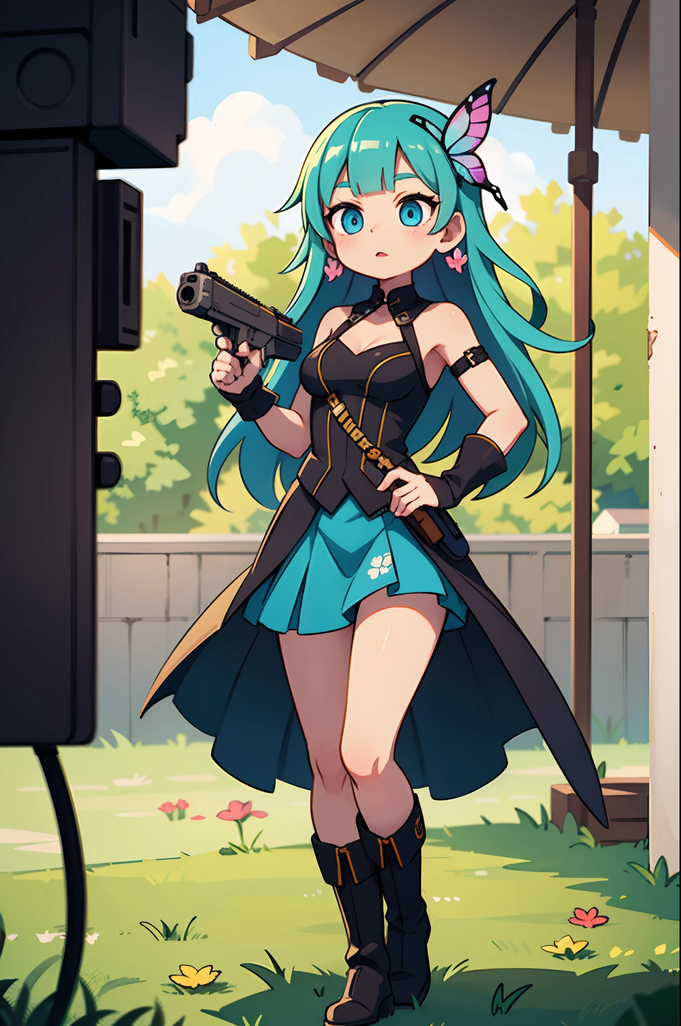 Octane Render、(Hyper-detailing: 1.15)、cinematic lightening、Cute Fantasy Princess、Handgun shooting practice、Fine Pattern Pistol,long boots、ultradetailed eyes、Full Paint、(Floral hair ornament、butterfly hair ornament)、masutepiece、Anatomically correct、blur、depth of fields